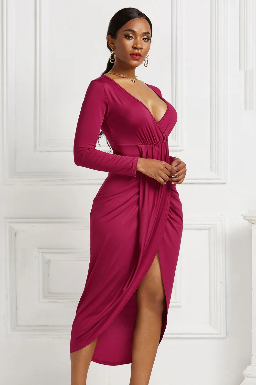 Ruched Surplice Long Sleeve High-Low Dress