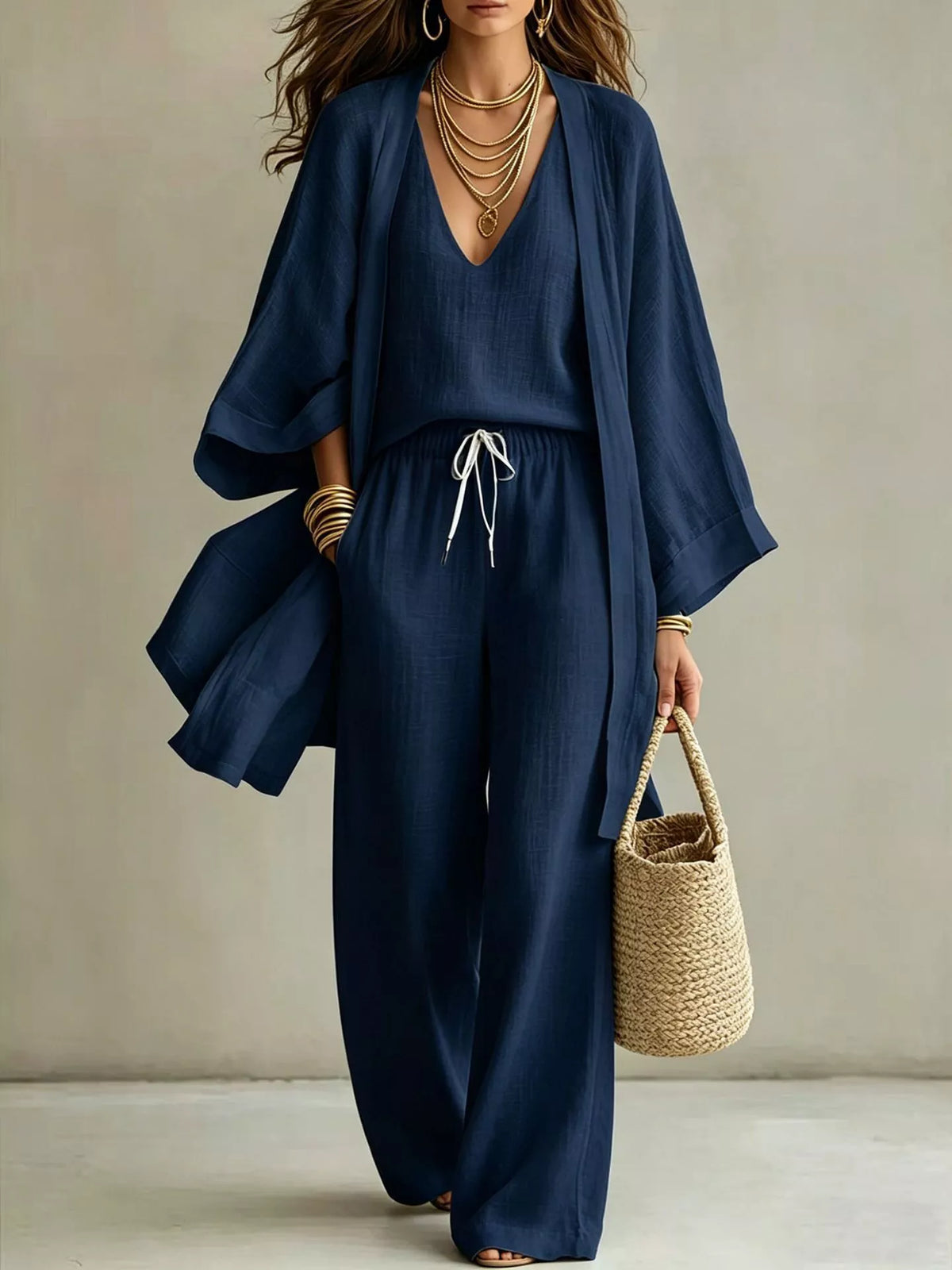 V-Neck Top, Cardigan and Pants Set