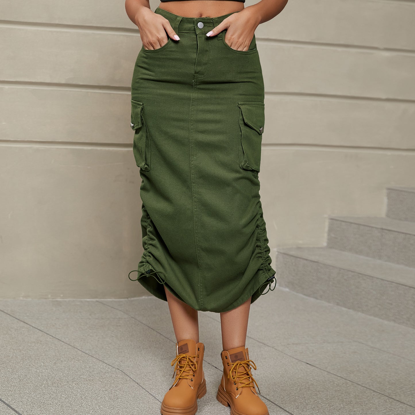 Drawstring Ruched Denim Midi Skirt by Manny