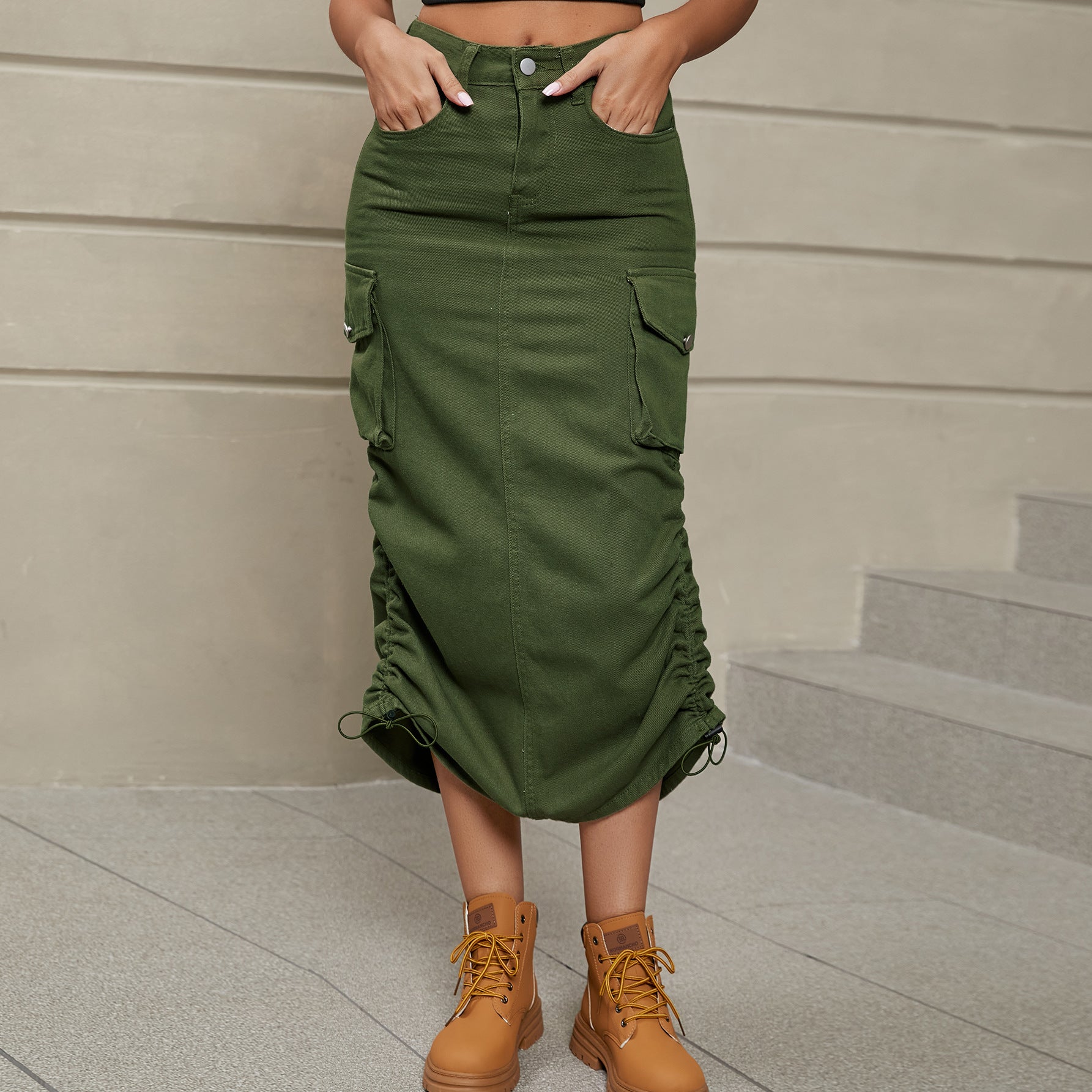 Drawstring Ruched Denim Midi Skirt by Manny