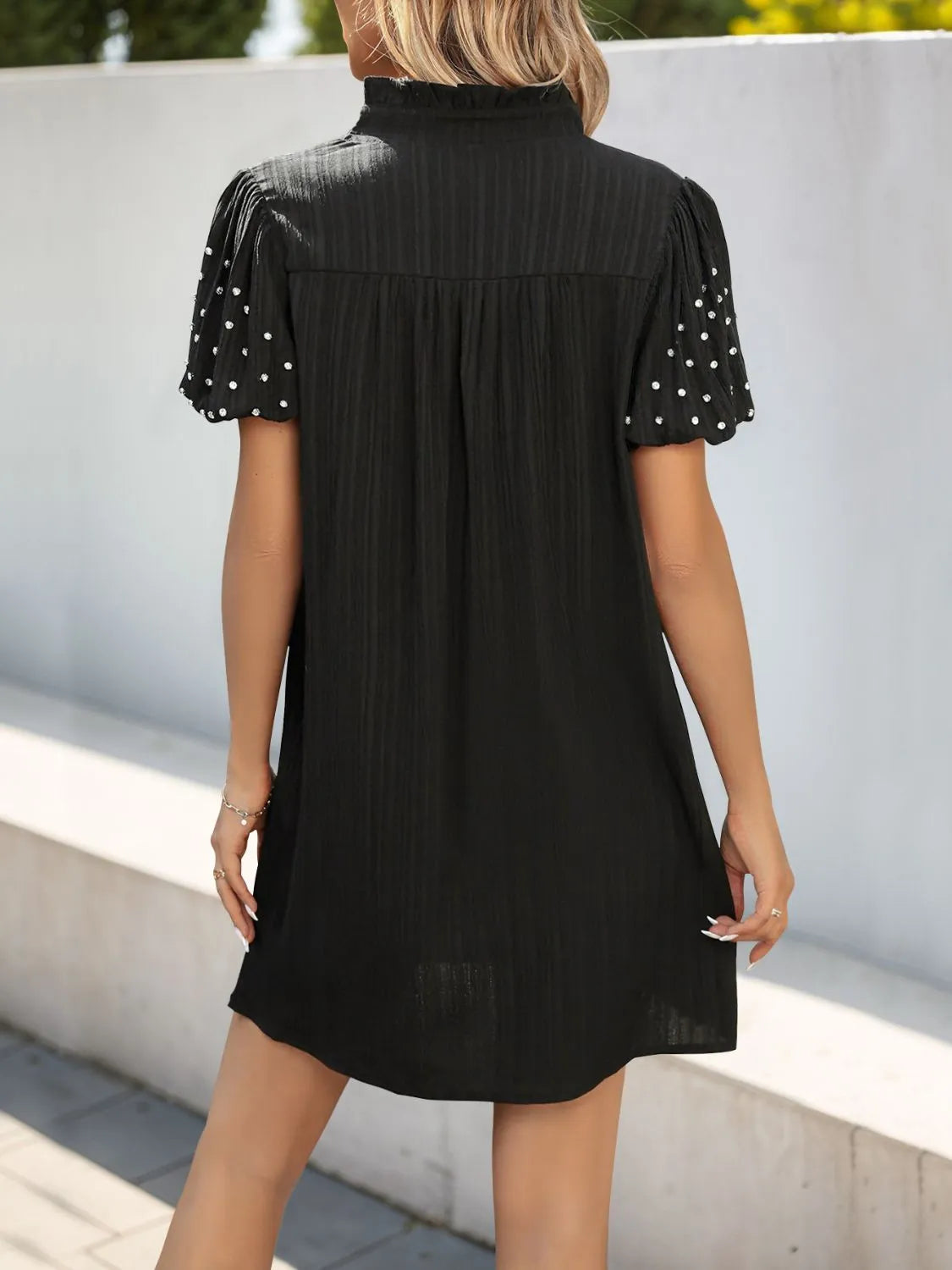 Textured V-Neck Mini Dress in Black