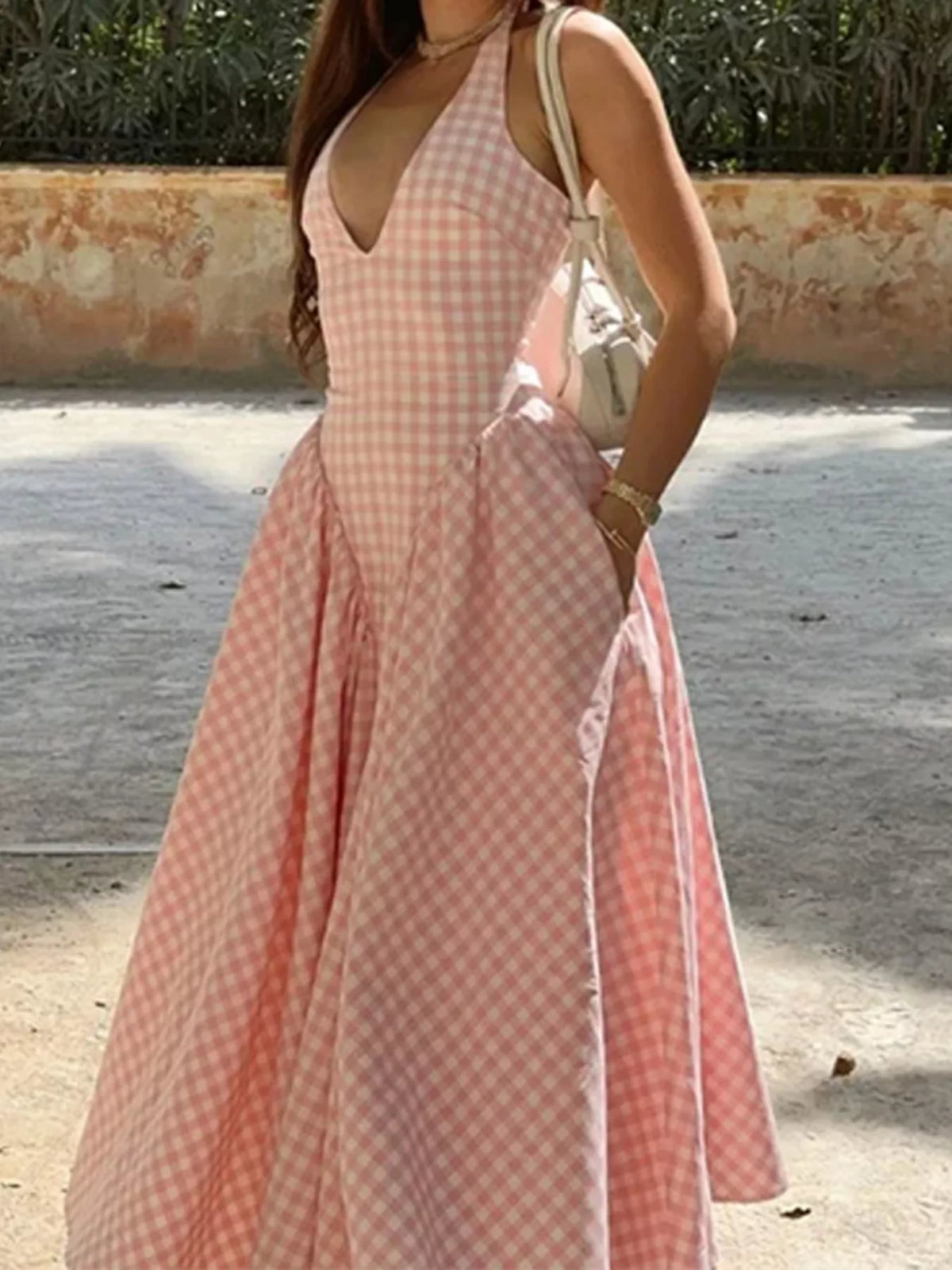 Gingham Halter Neck Maxi Dress in Blush Pink