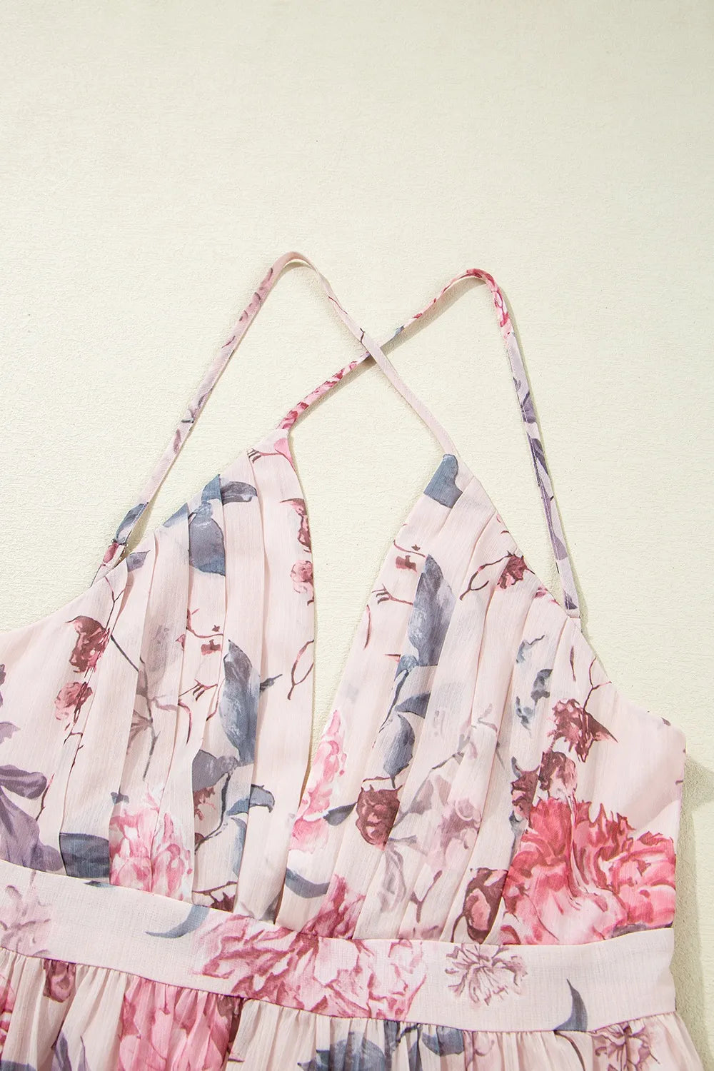 Floral Pleated Deep V Backless Maxi Dress in Blush Pink
