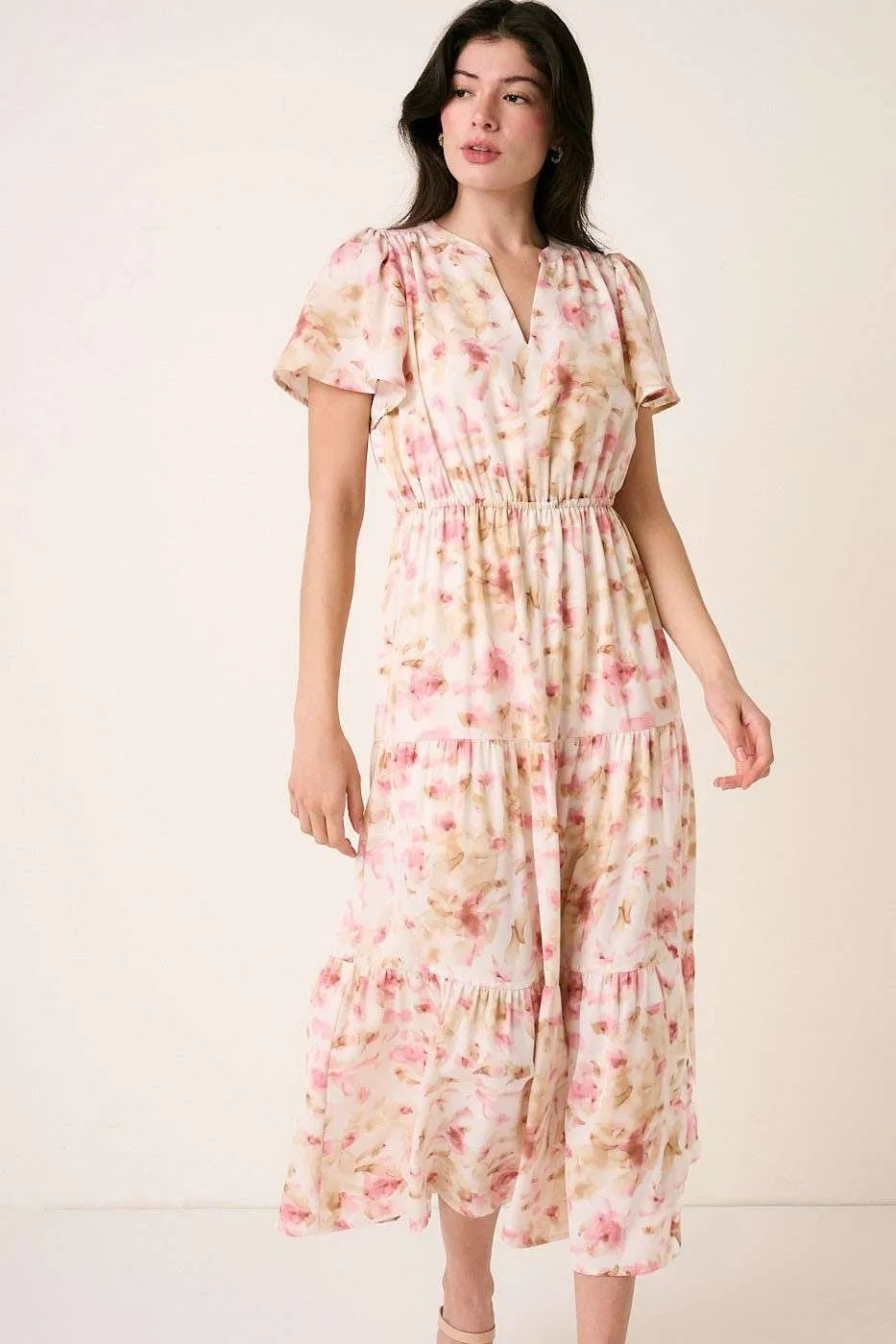 Flower Print Flutter Sleeve Maxi Dress in Pink by Mittoshop
