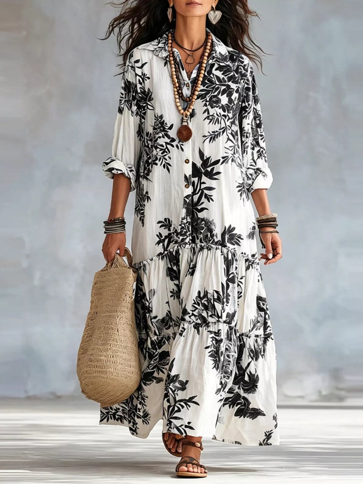 Printed Button-Front Tiered Maxi Dress