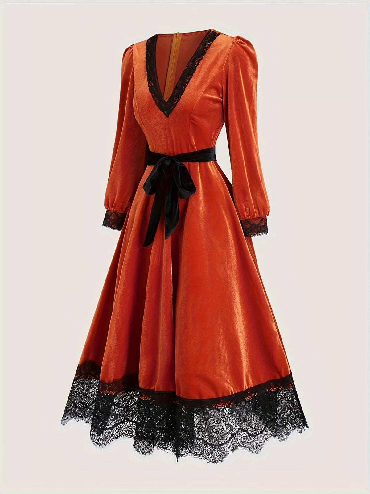 Velvet V-Neck Lace Trim Midi Dress with Waist Tie in Orange Red