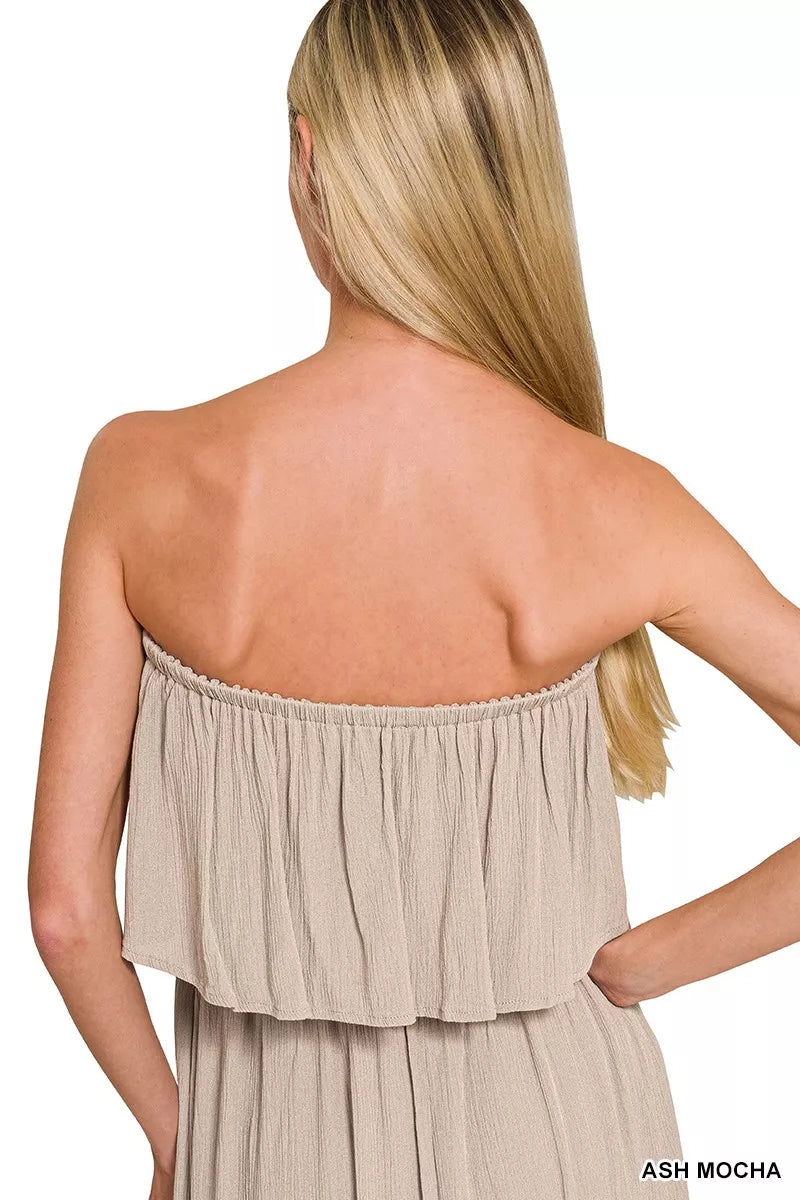 Zenana Woven Crinkle Strapless Maxi Dress in Ash Mocha
