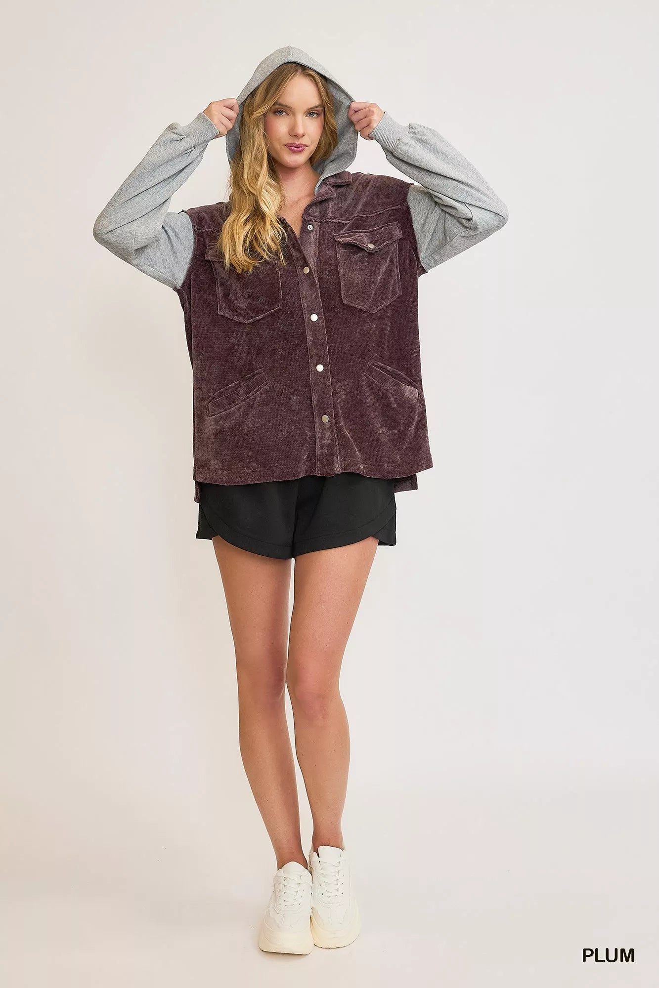 Umgee Hooded Chenille Jacket in Plum