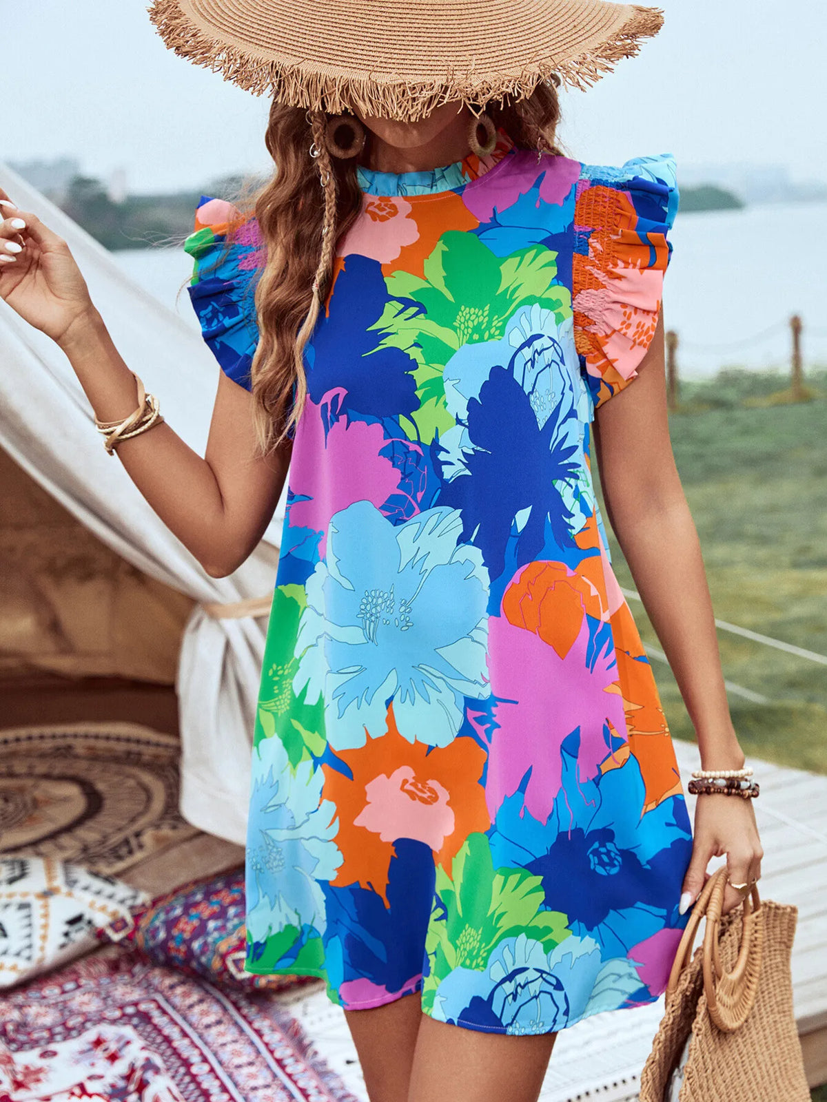 Printed Ruffled Cap Sleeve Mini Dress
