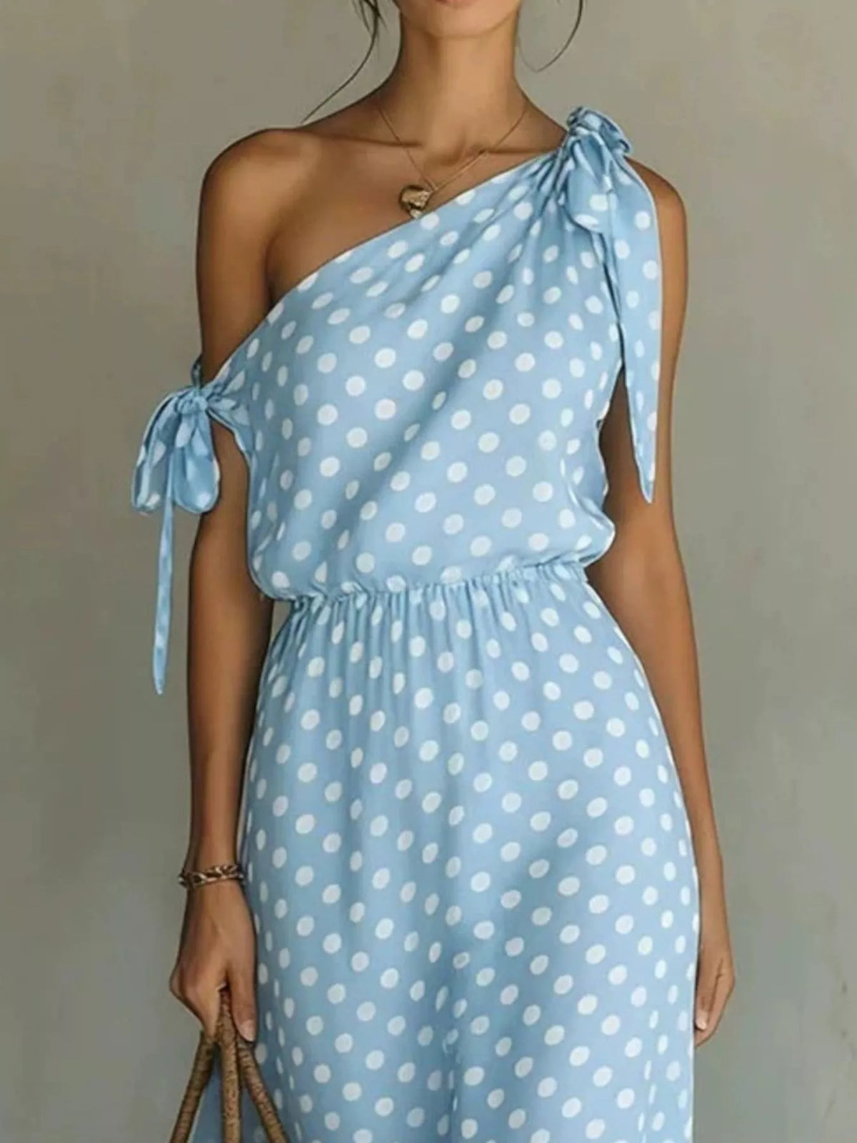 Polka Dot One-Shoulder Maxi Dress with Tie Detail