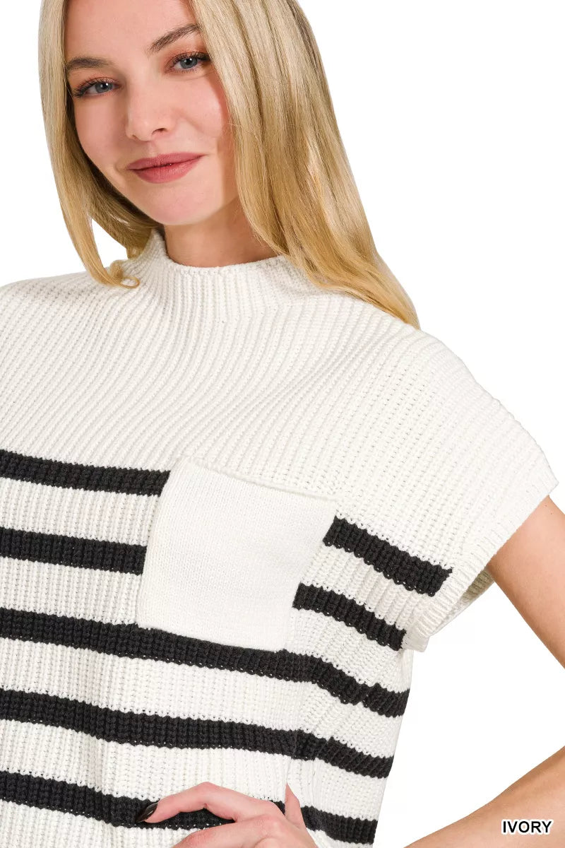 Zenana Striped Short Sleeve Sweater in Ivory