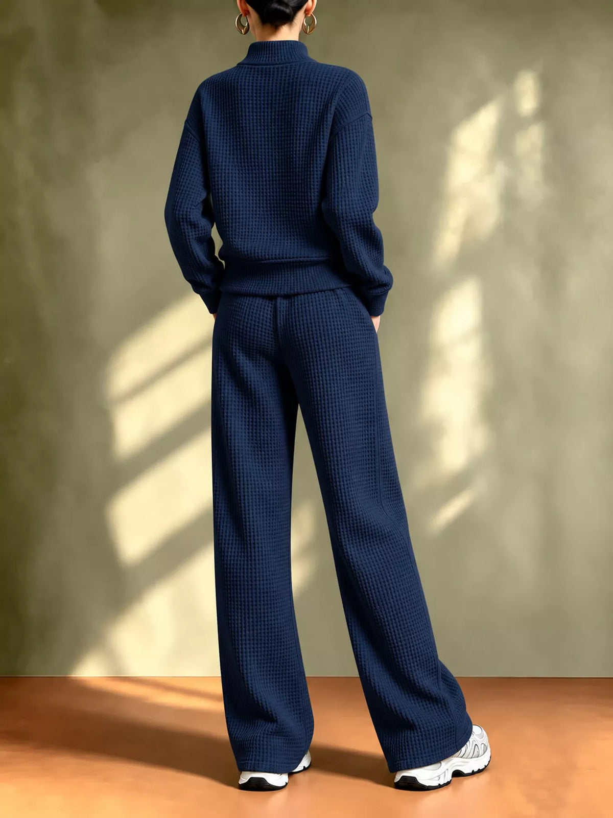 Waffle Knit Button-Up and Wide-Leg Pants Set
