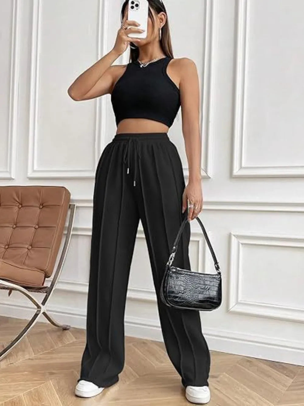 Drawstring Wide Leg Pants with Pockets by K&L