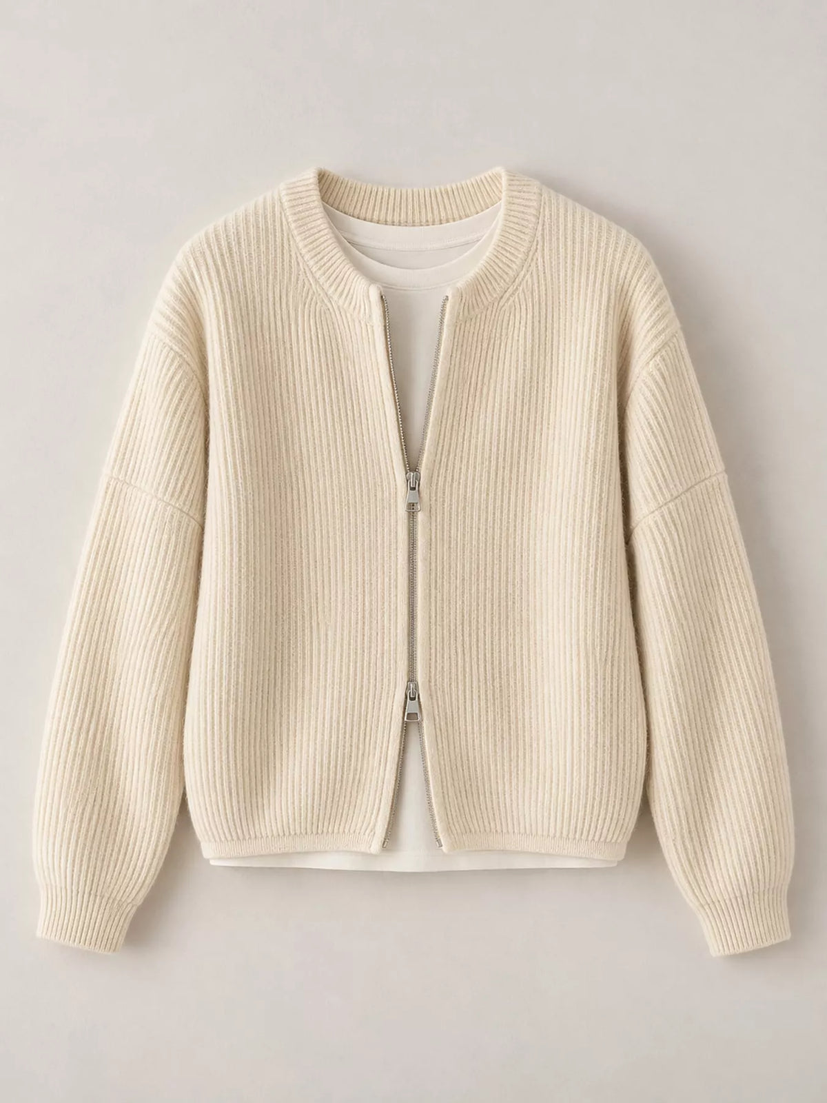 Zip-Up Dropped Shoulder Ribbed Cardigan