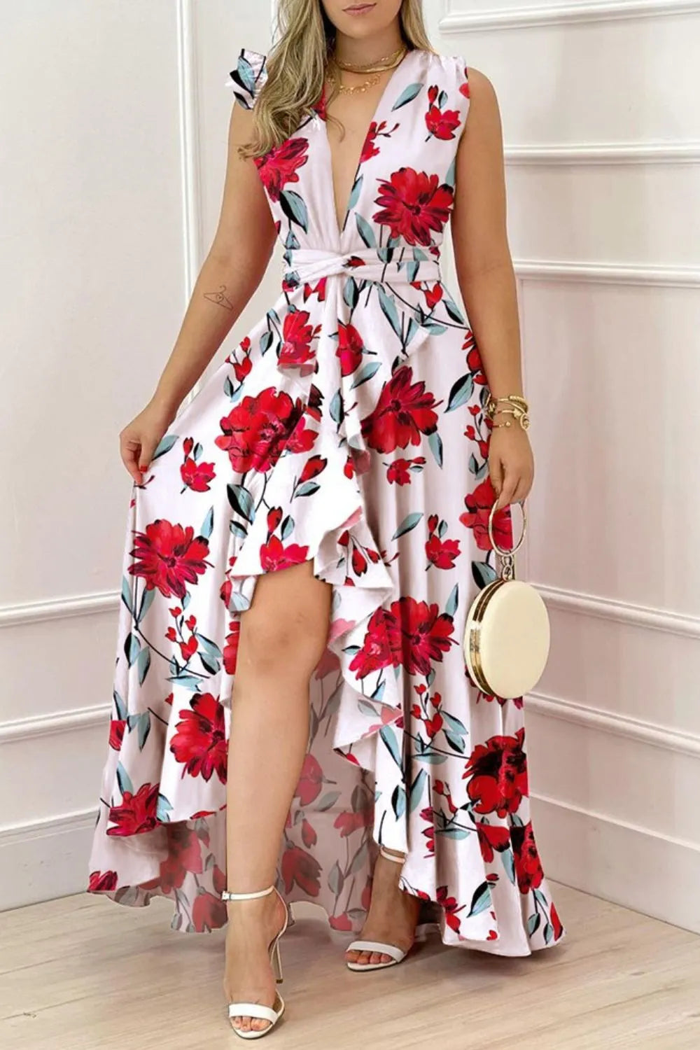 Ruffled Plunge Neck Maxi Dress