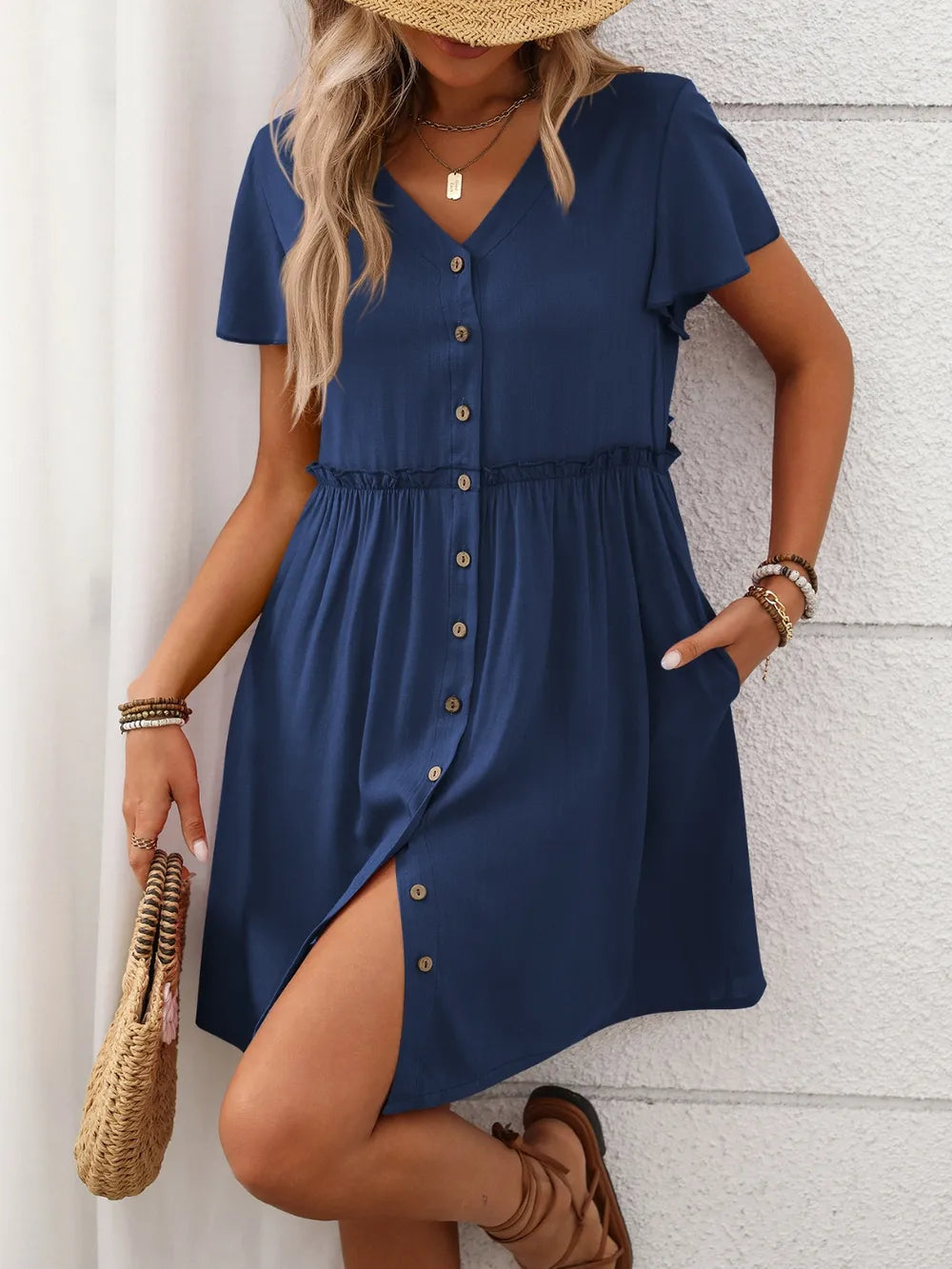 Button Front Flutter Sleeve Dress with Frill Detail