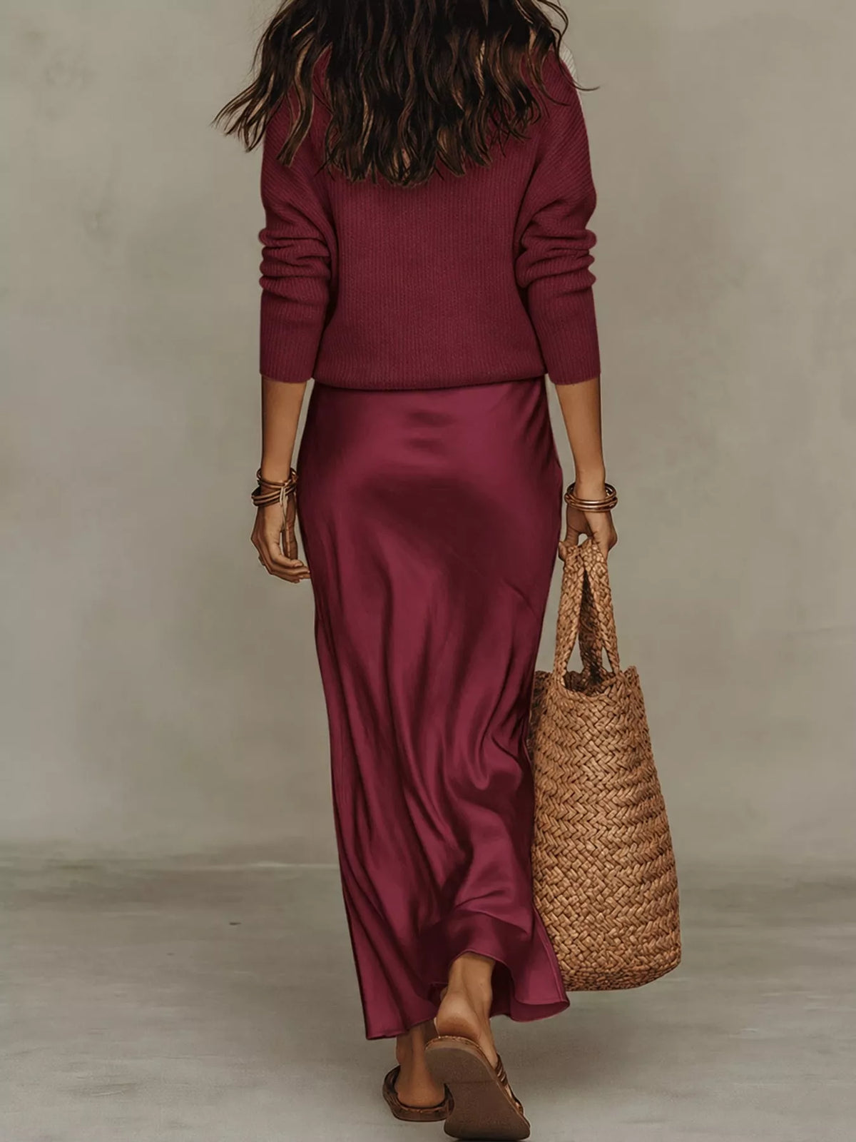 V-Neck Top and Satin Midi Skirt Set