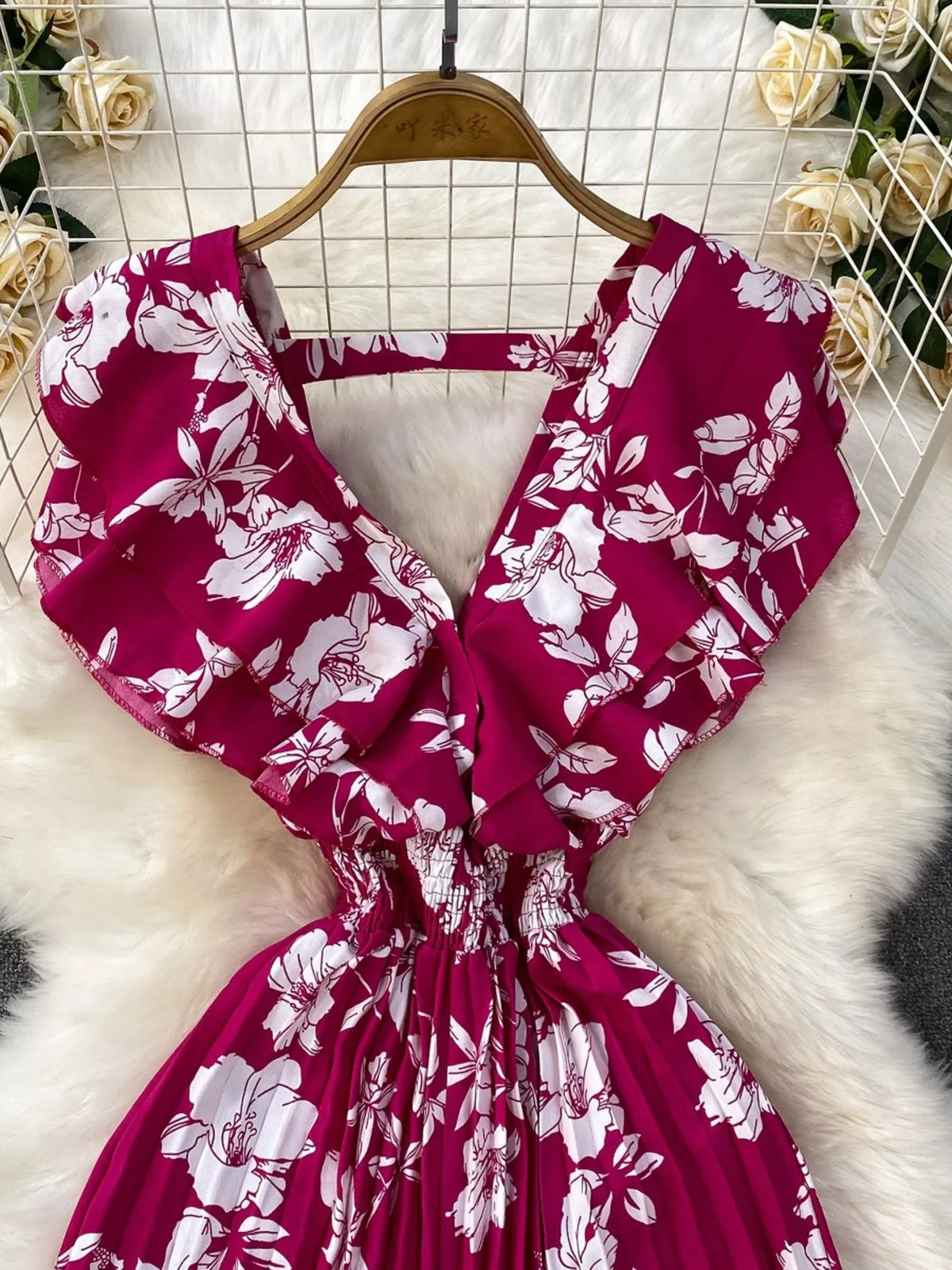 Floral Print Wide Leg Pleated Jumpsuit