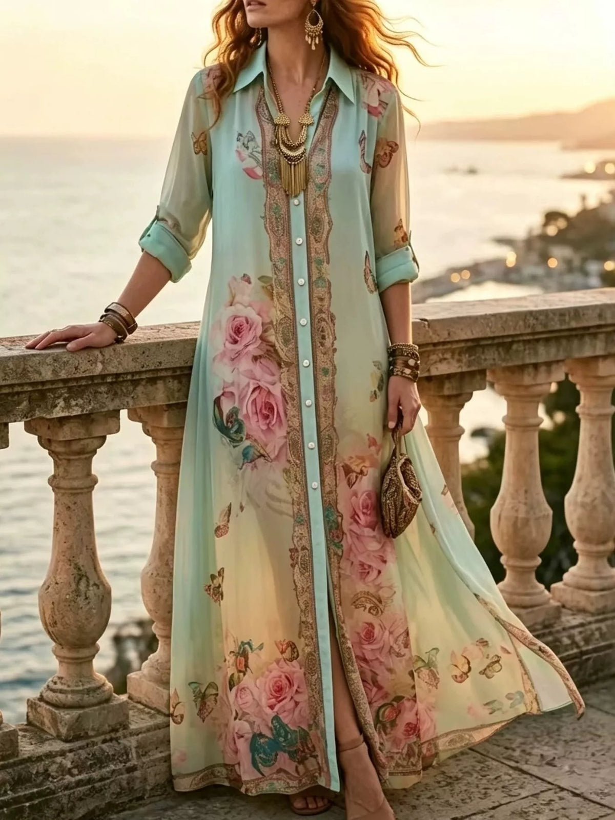 Floral Button-Down Maxi Shirt Dress in Green by Kaelinne