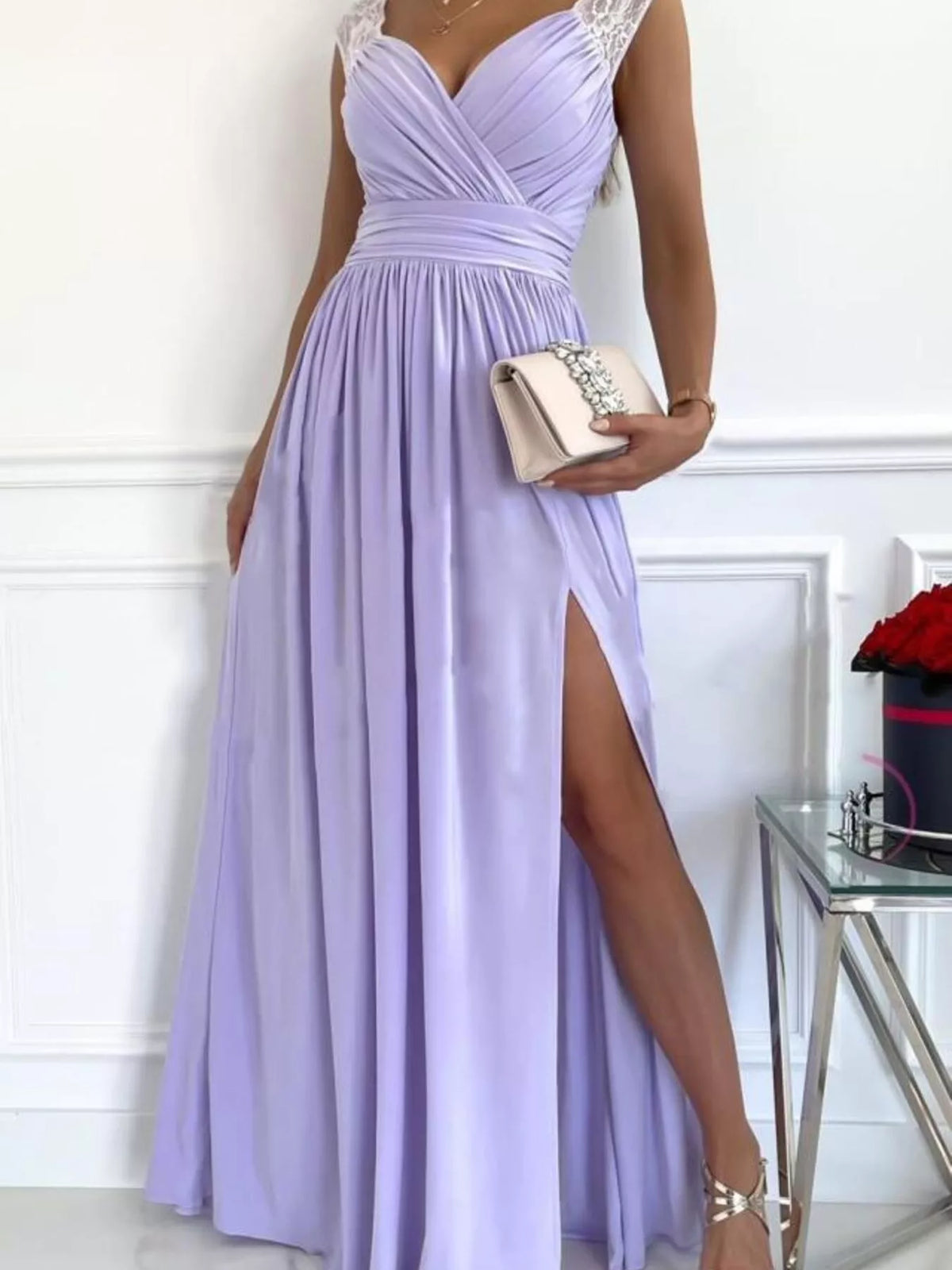 Lace Detail High Slit Maxi Dress