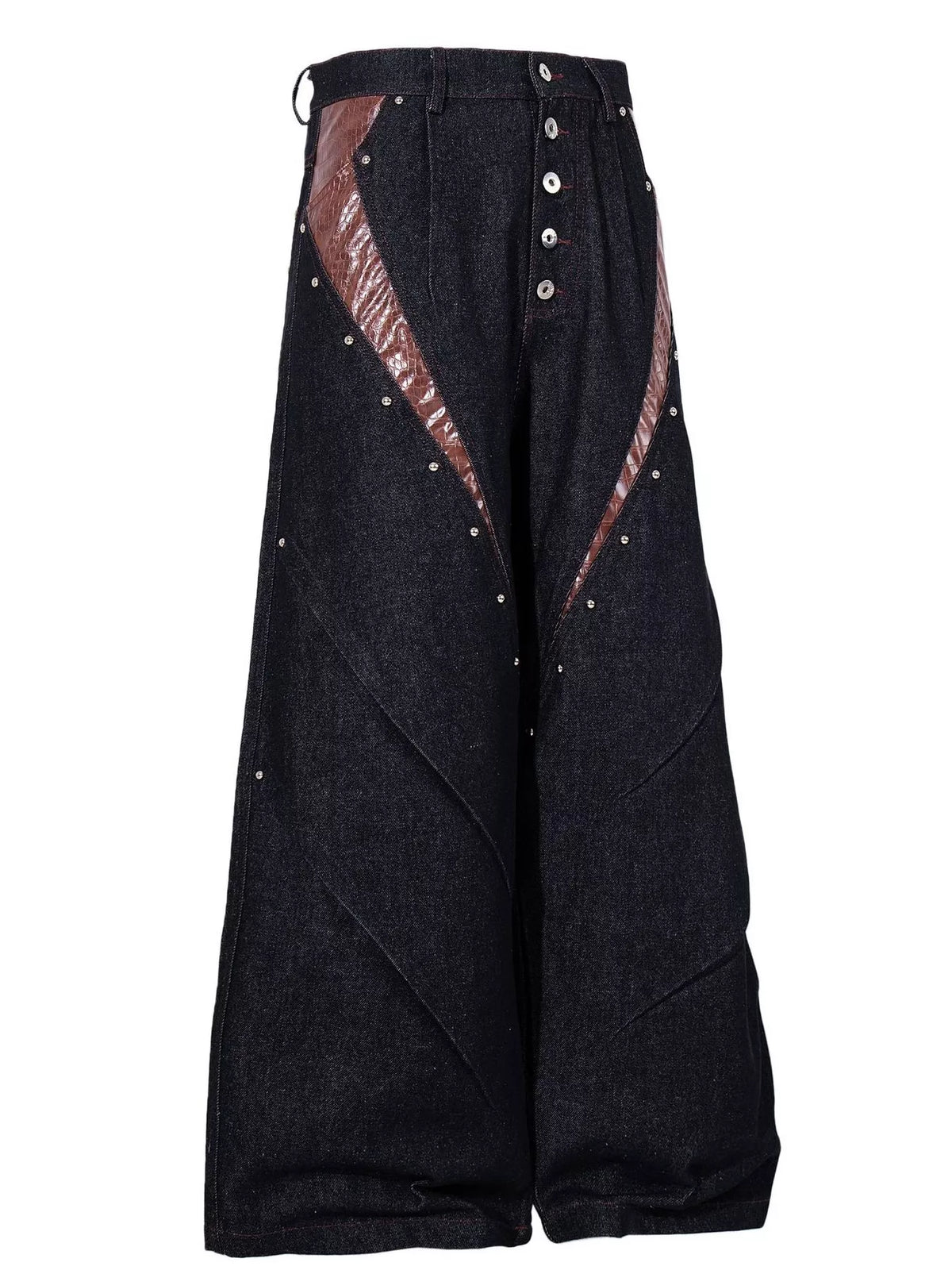 Faux Leather Paneled Button Fly Jeans in Black by TrendMaster