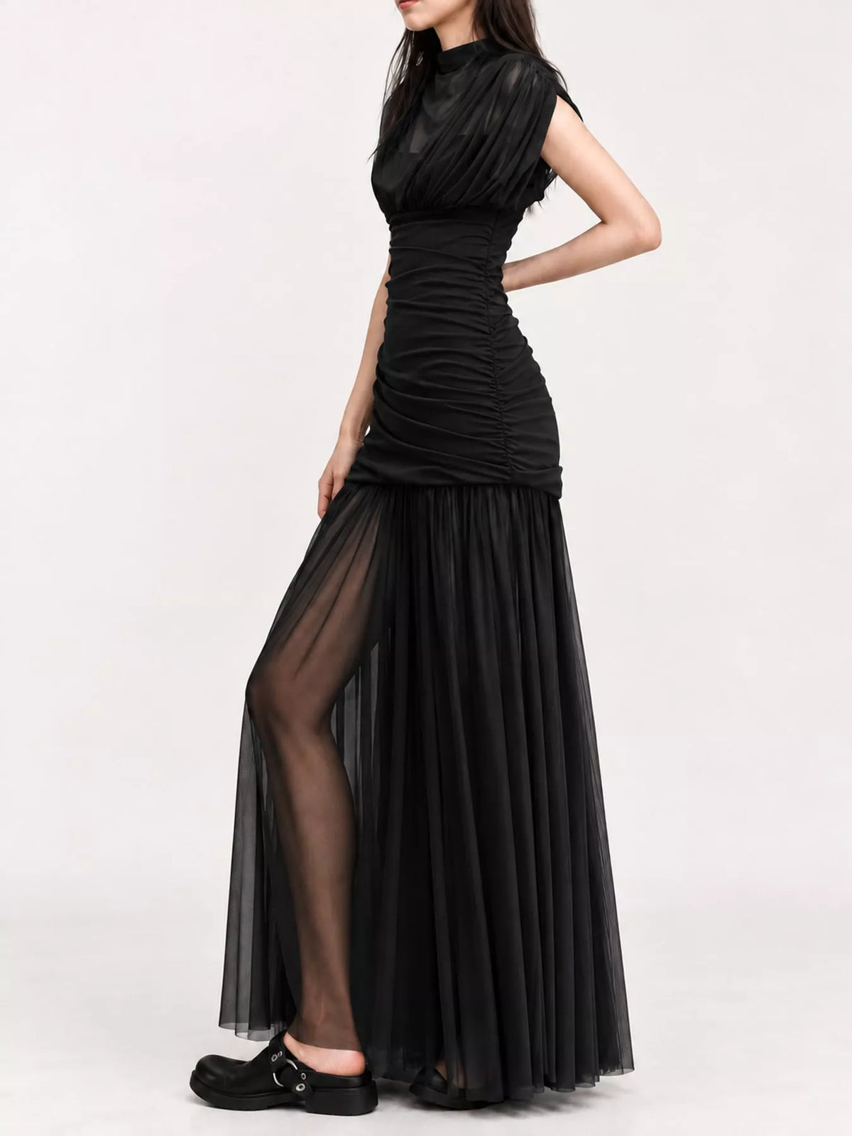 Mock Neck Ruched Mesh Maxi Dress