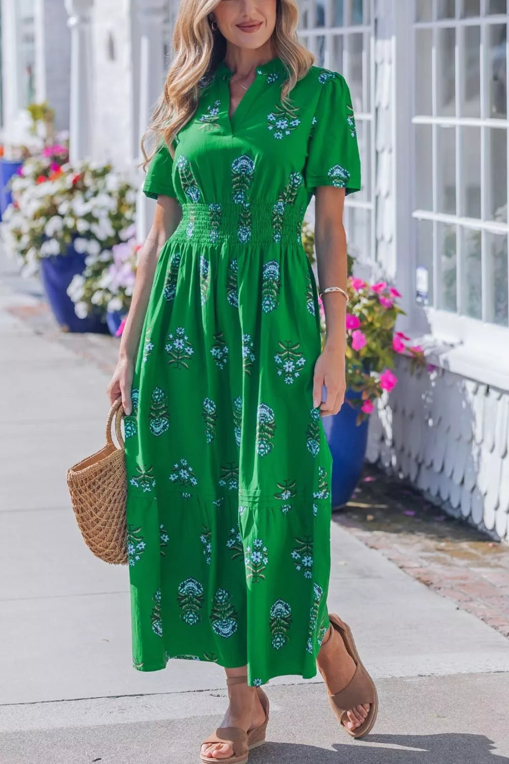 Floral Print Smocked-Waist Maxi Dress in Dark Green