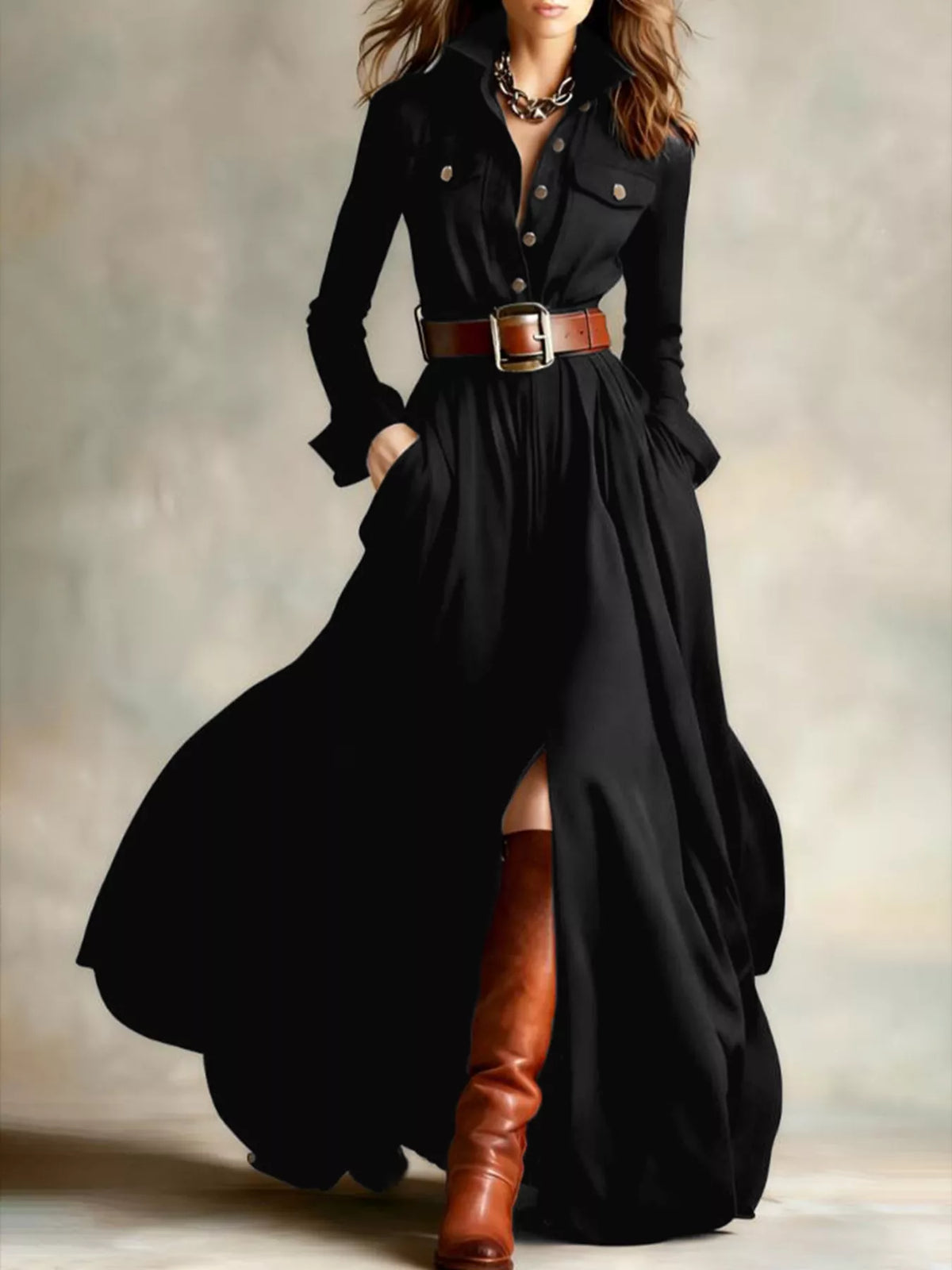 Button-Front Long Sleeve Maxi Dress in Black