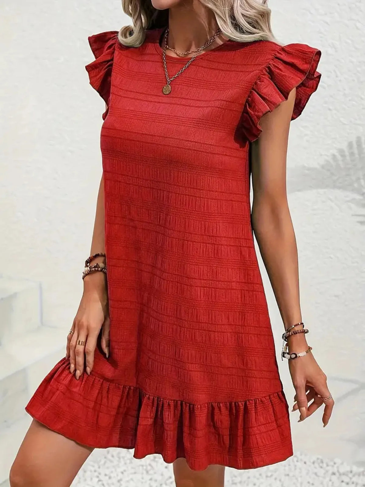 Ruffled Flutter Sleeve Textured Mini Dress