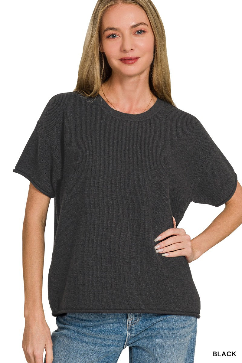 Zenana Round-Neck Short Sleeve Sweater in Black