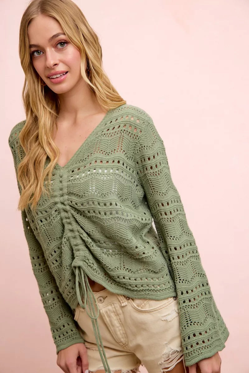 Pointelle V-Neck Ruched Top in Sage Green by BiBi