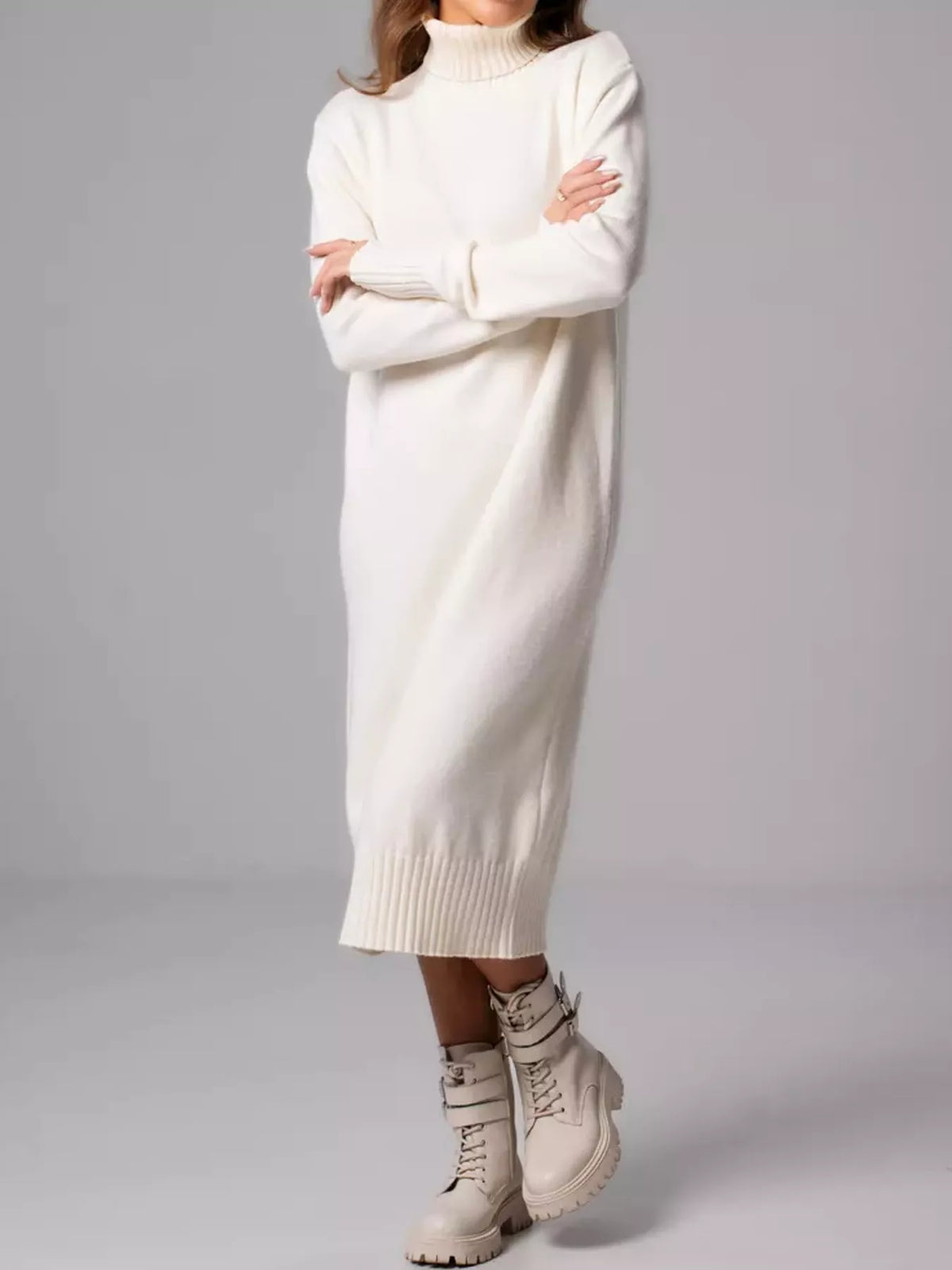 Relaxed Fit Turtleneck Ribbed Knit Sweater Dress