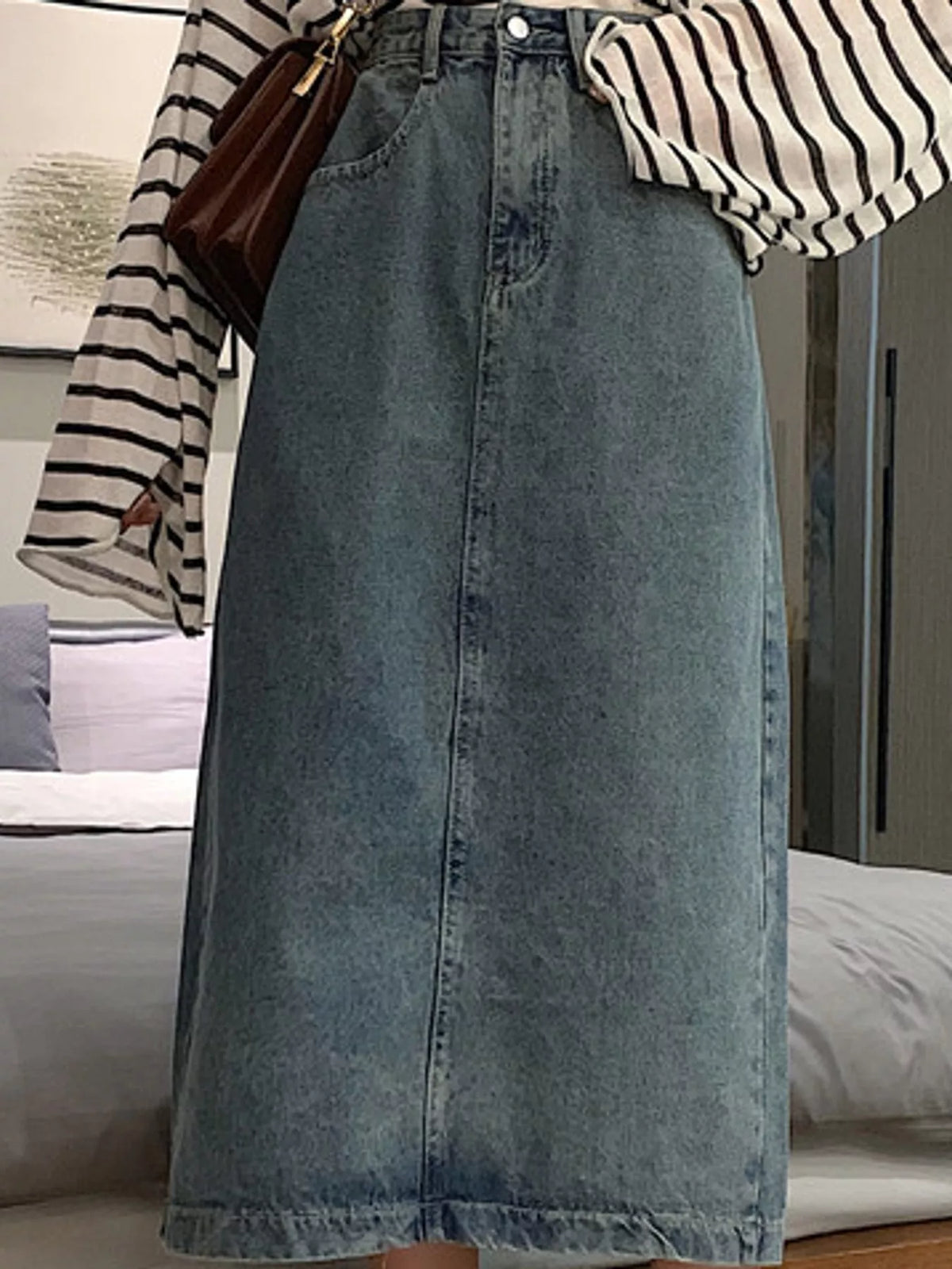 High-Waisted Vintage Wash Midi Denim Skirt
