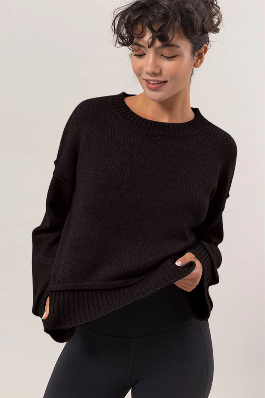 Hyfve Round Neck Dropped Shoulder Ribbed Sweater in Black