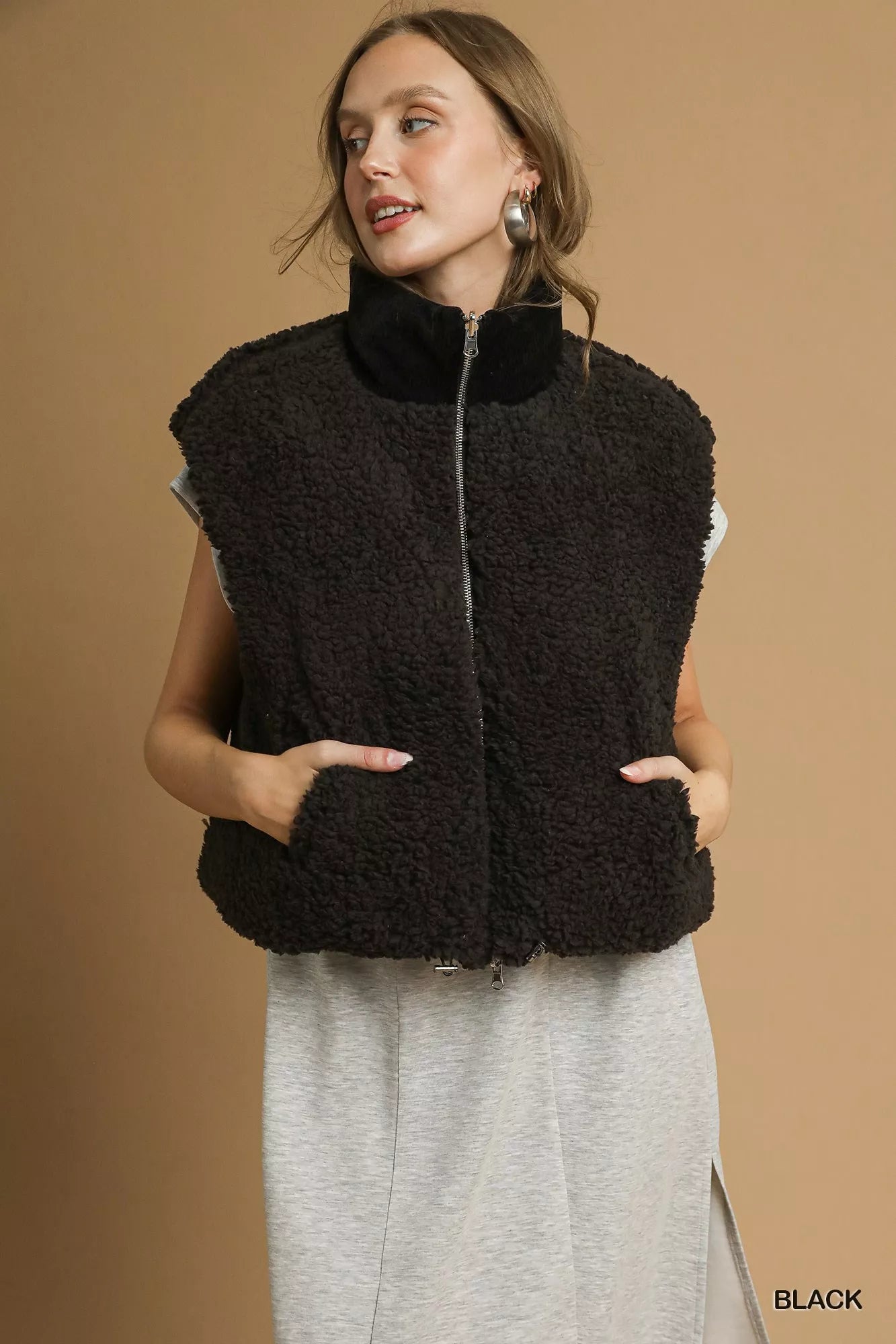 Umgee Sherpa-Lined Zip Vest in Black