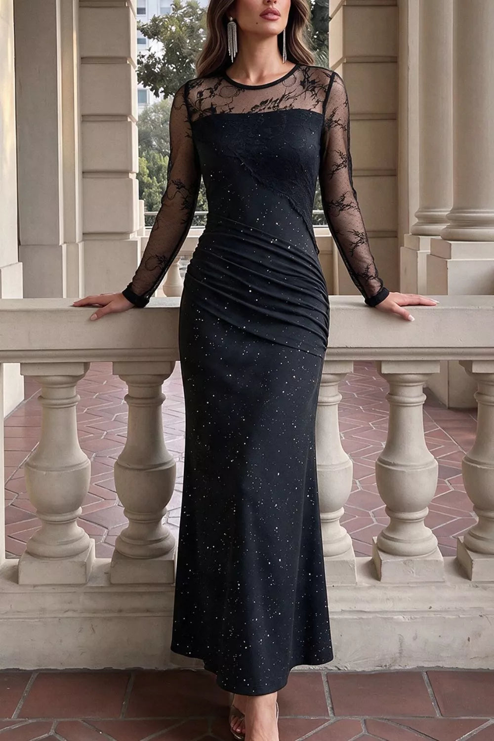Glitter Mesh Long Sleeve Maxi Dress in Black