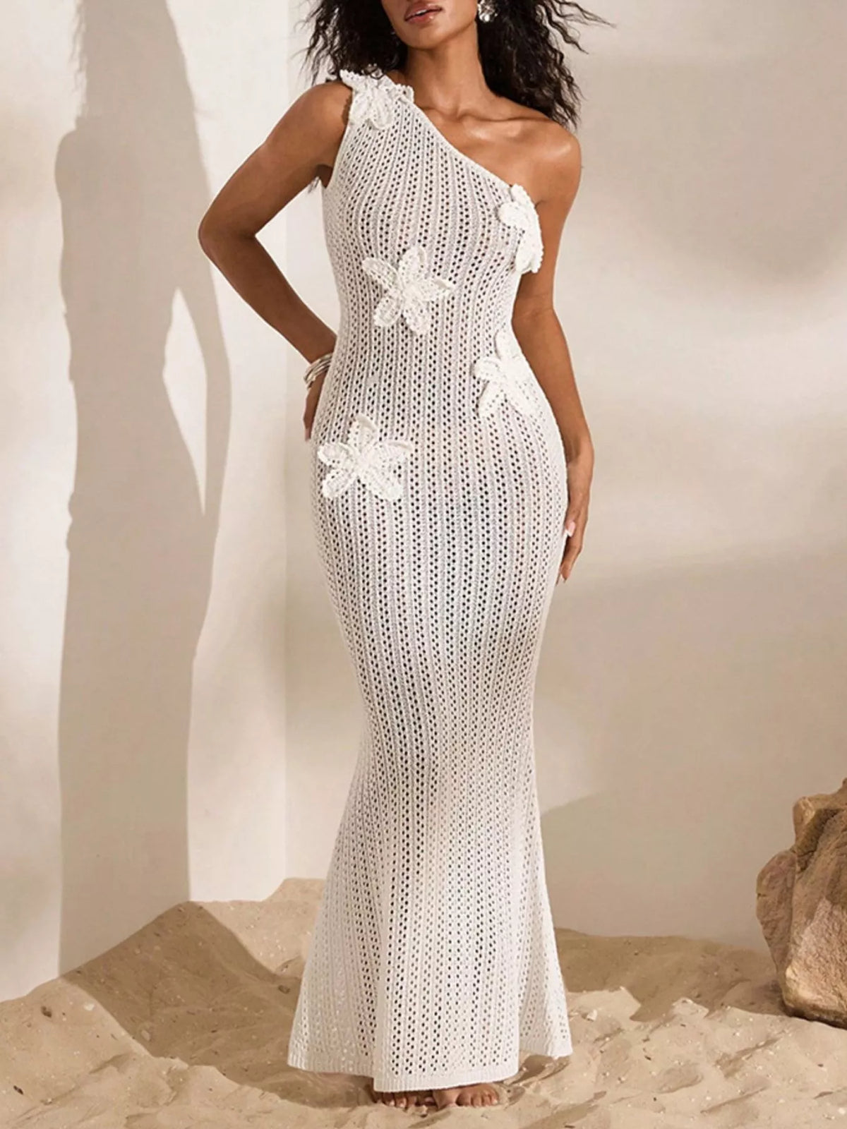 One-Shoulder Crochet Maxi Dress in White by D&J Apparel