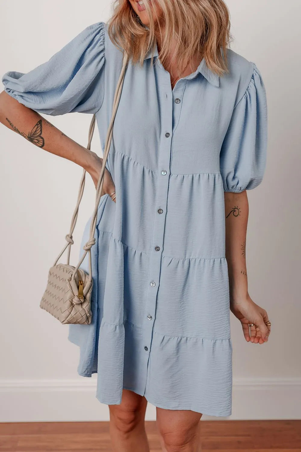 Button-Up Tiered Shirt Dress in Light Blue