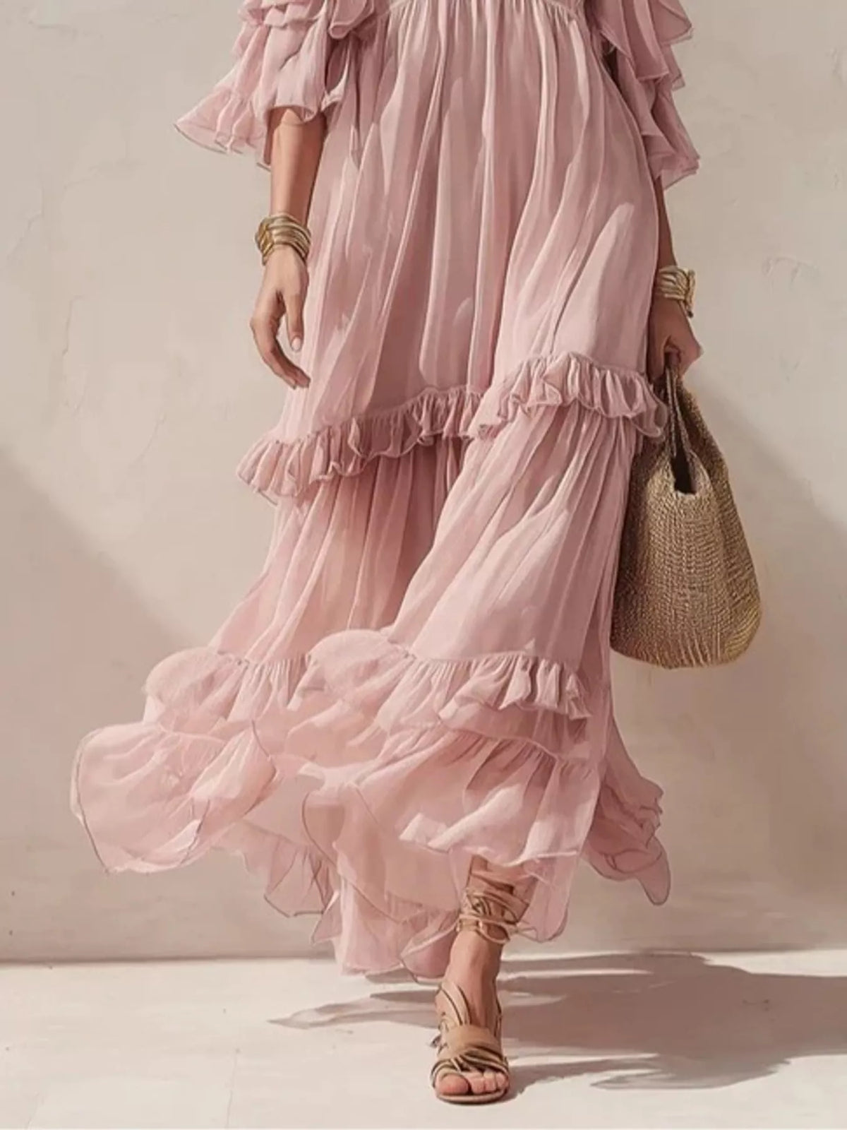 Cold-Shoulder Ruffled Maxi Dress in Dusty Pink by Yvette