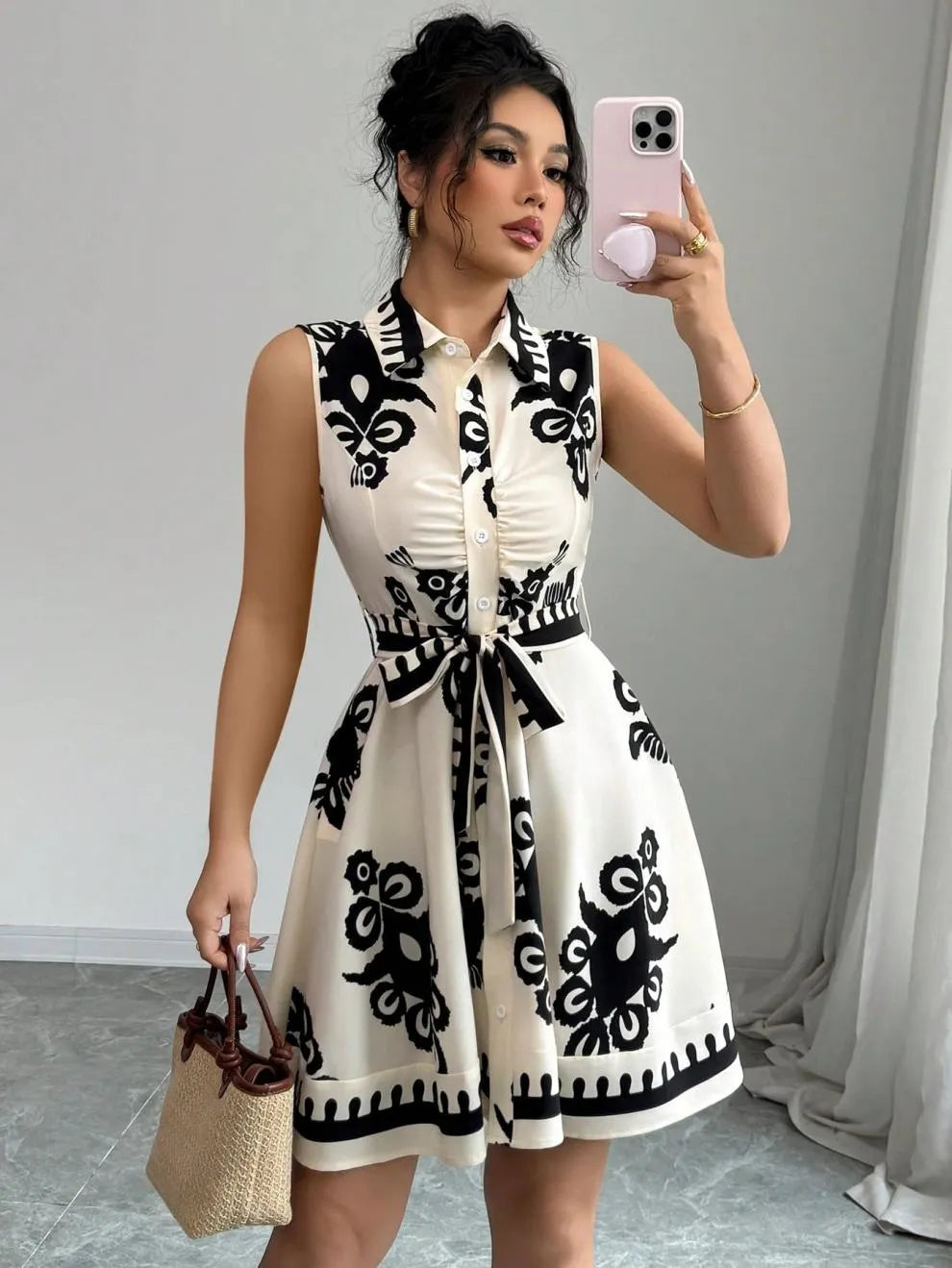 Printed Button-Front Sleeveless Dress