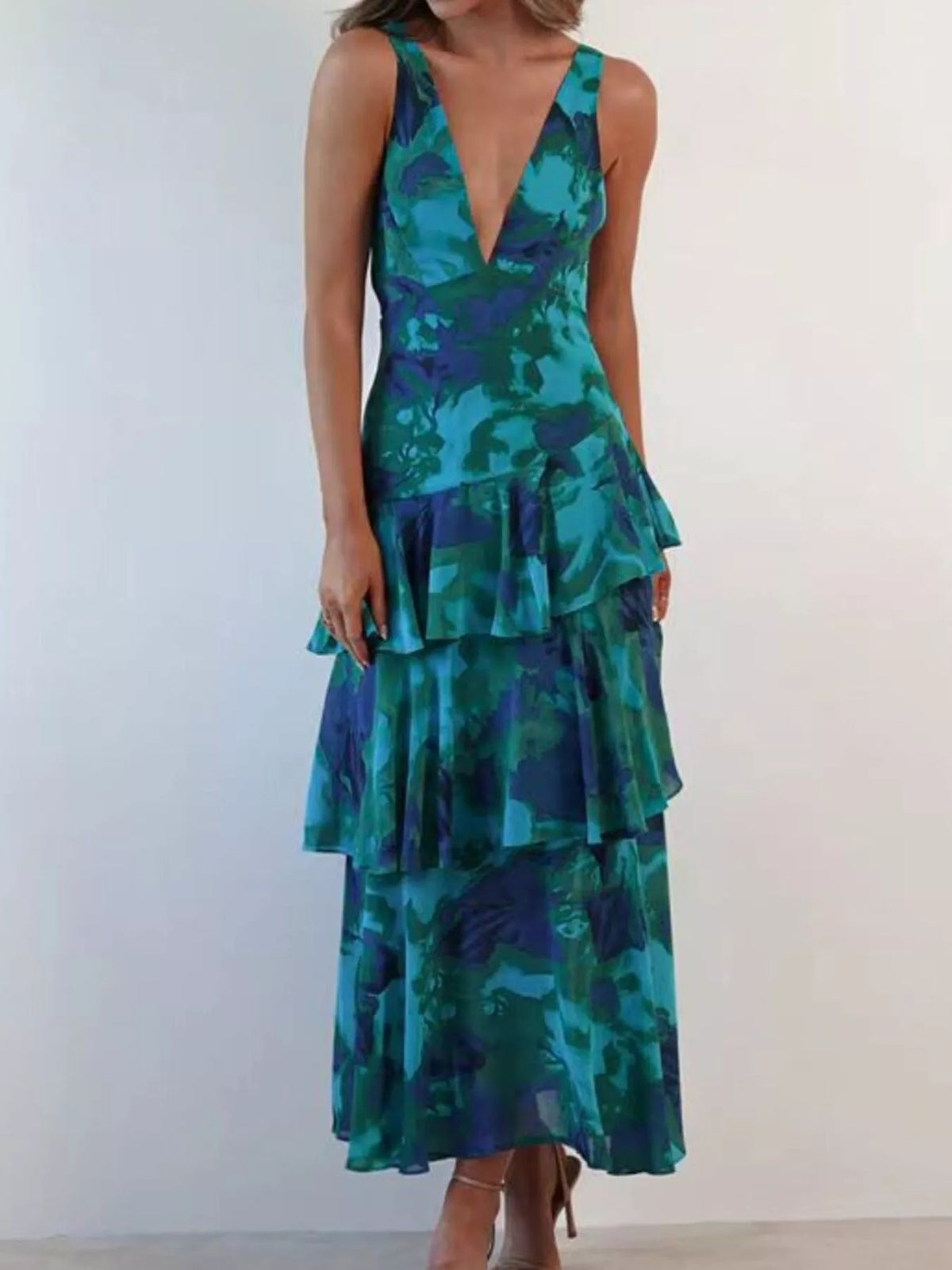 V-Neck Floral Tiered Ruffle Maxi Dress