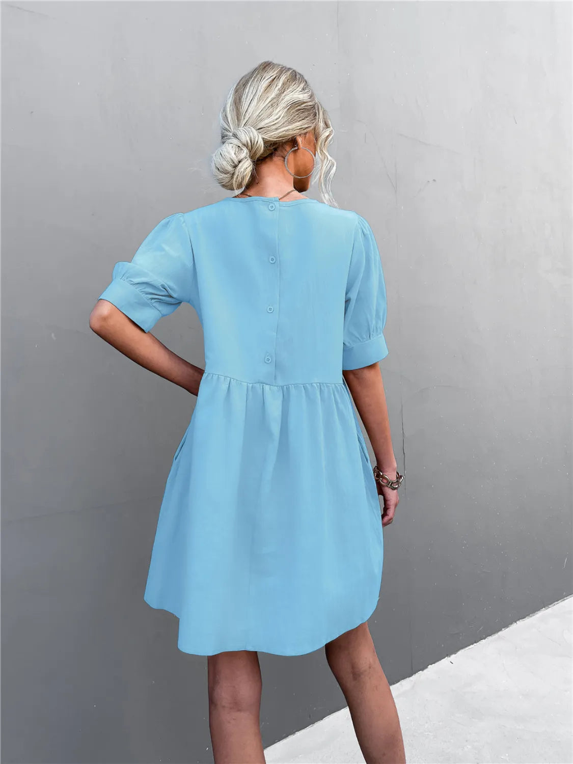 Round Neck Puff Sleeve Mini Dress in Pastel Blue in Pastel  Blue
