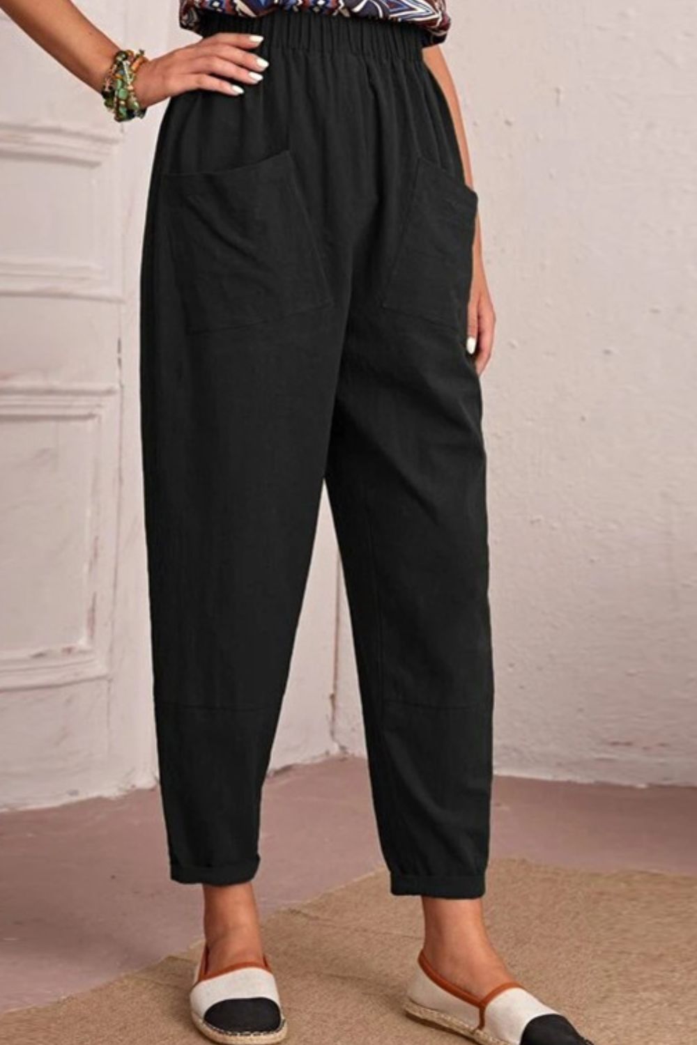 Elastic Waist Tapered Pants with Pockets