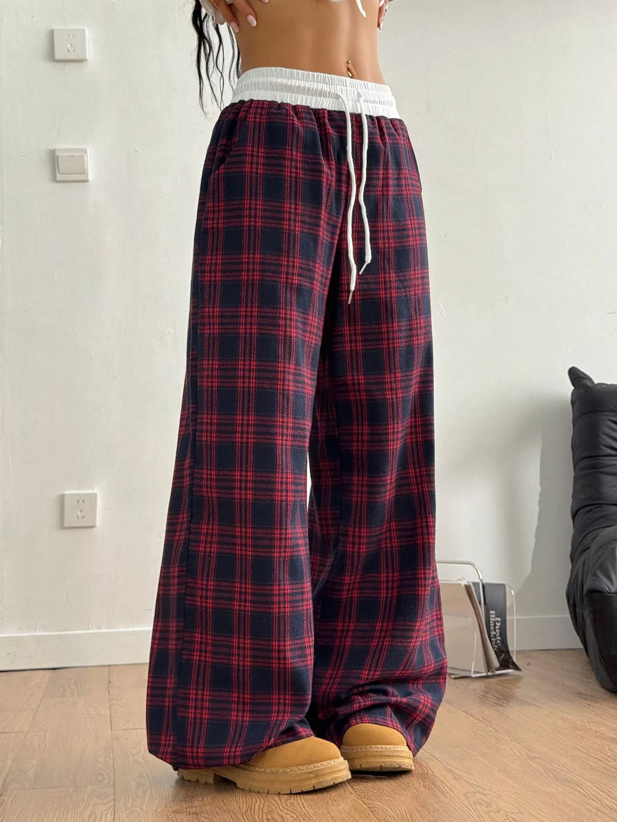 Plaid Drawstring Wide Leg Pants