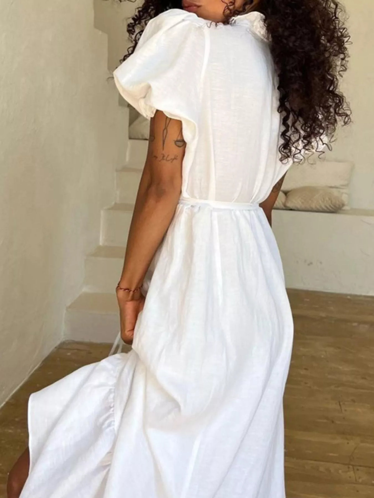 Tie Waist Puff Sleeve Maxi Dress with Frill Detail