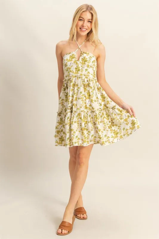 Hyfve Floral Halter Tiered Mini Dress in Yellow-Green