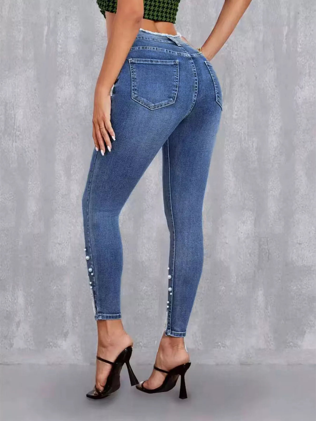 High-Waisted Pearl Embellished Skinny Jeans in Blue
