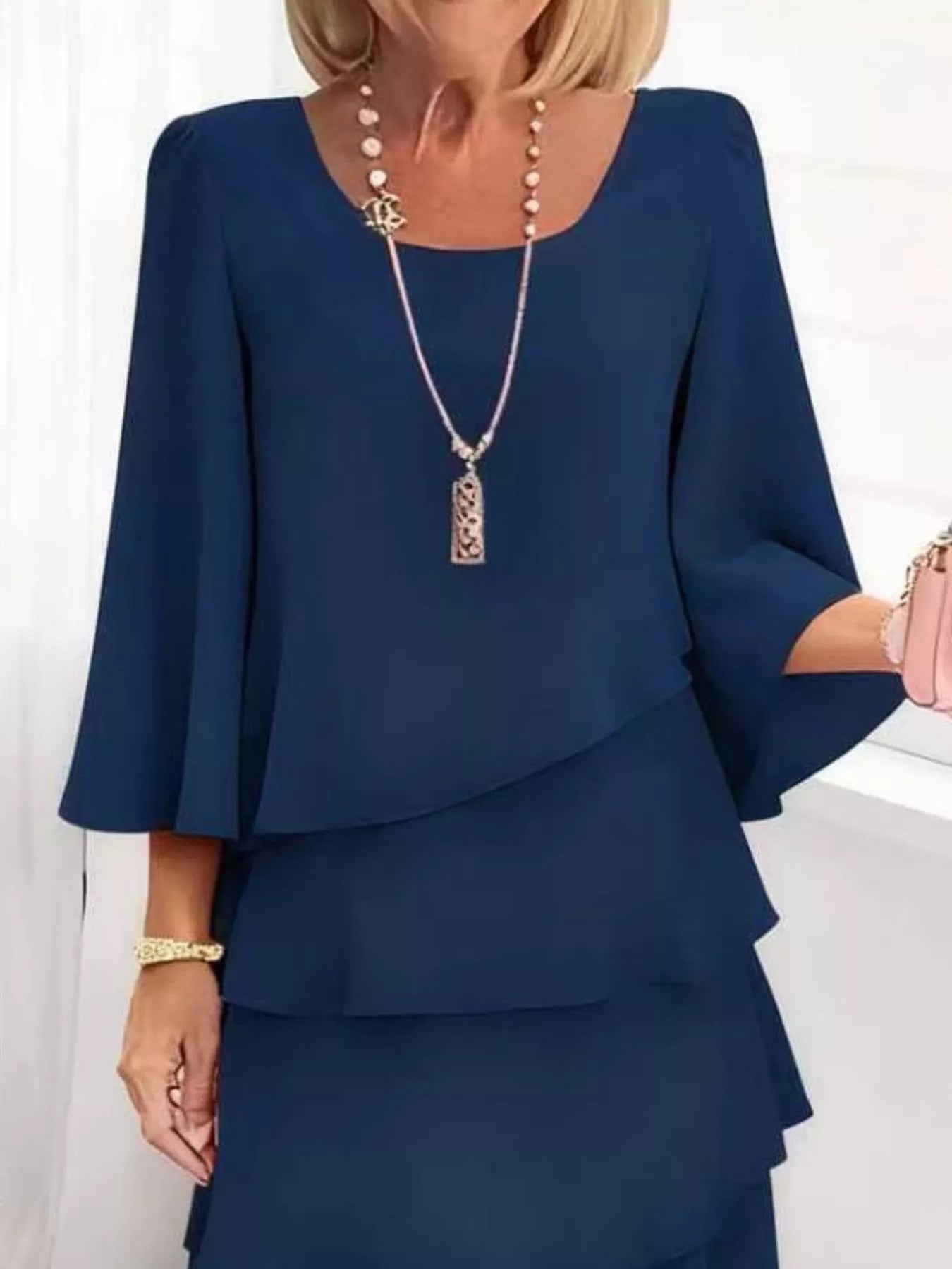 Ruffled Layered 3/4-Sleeve Dress, Plus Size