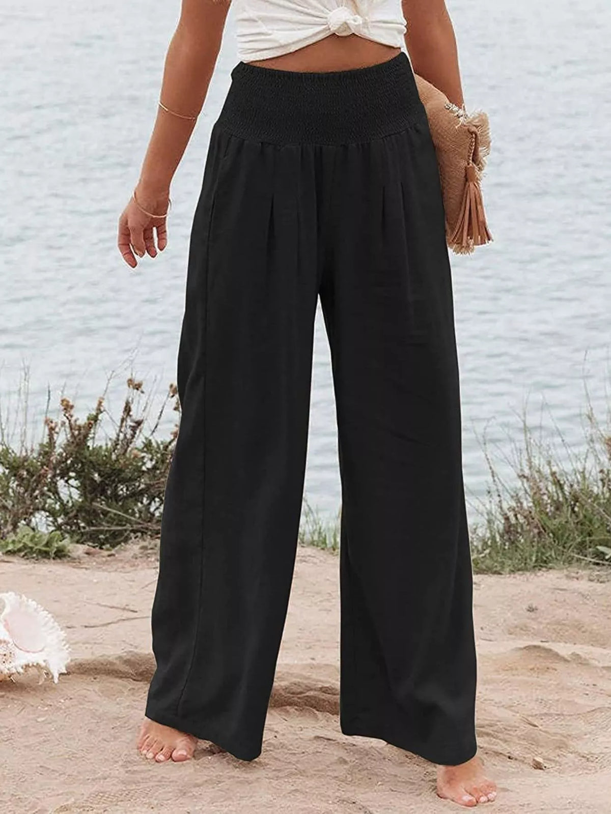 Smocked High-Waisted Wide Leg Pants