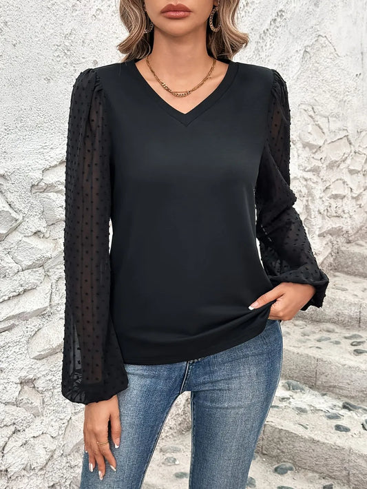 Swiss Dot V-Neck Blouse in Black